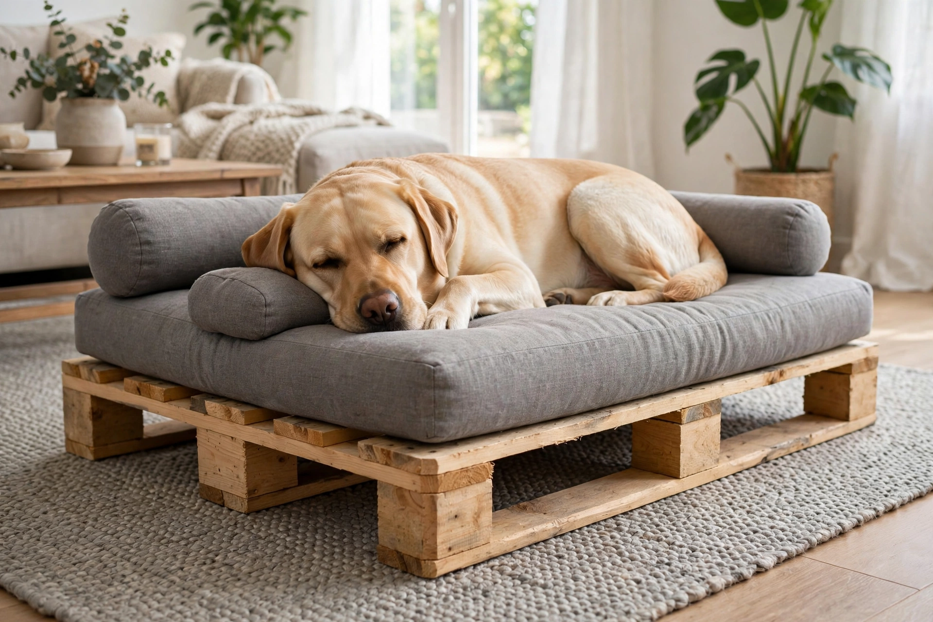 Simple sanded pallet platform dog bed with gray cushion