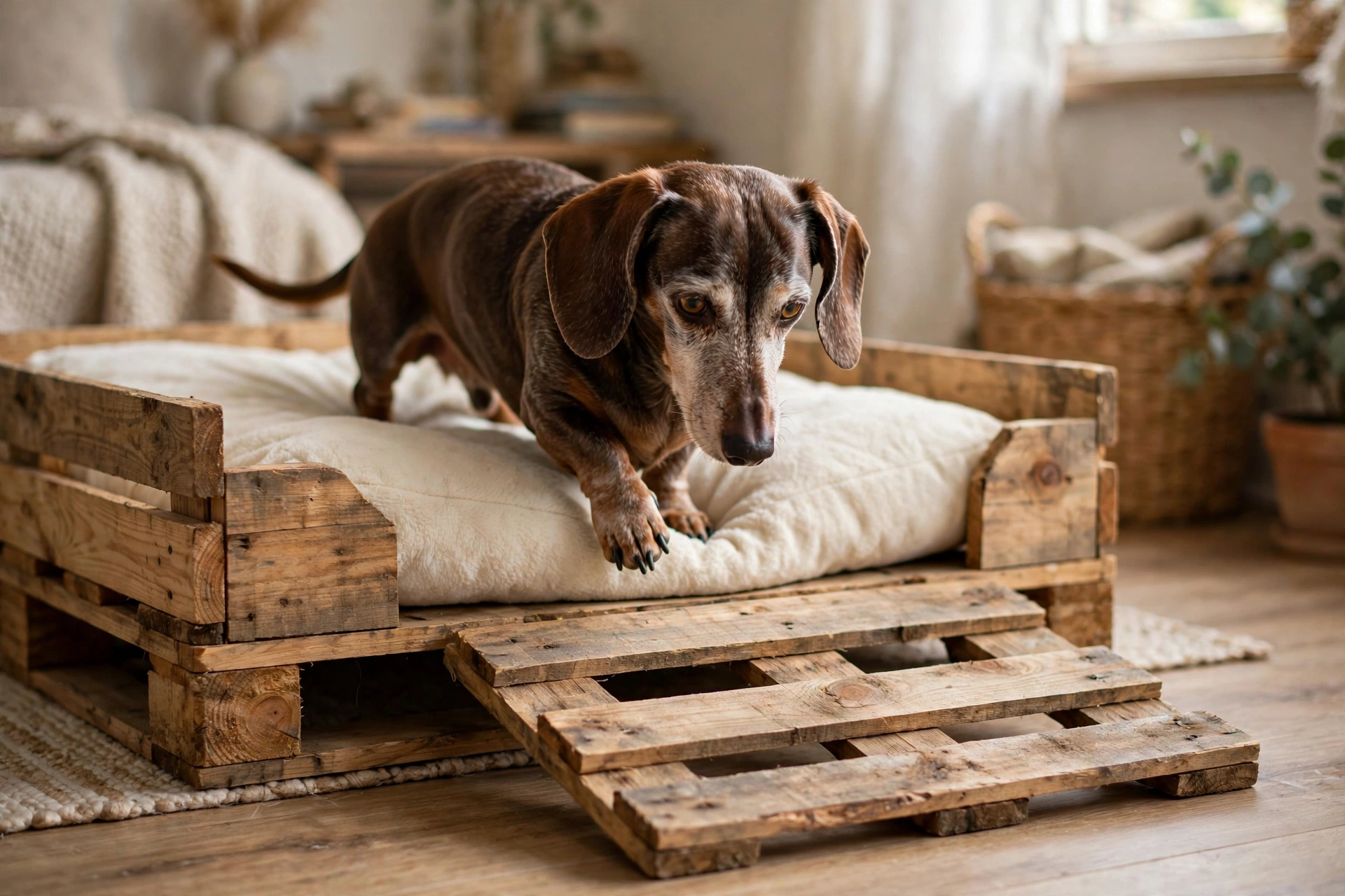 Low pallet dog bed with cut-down entry panel for senior dog