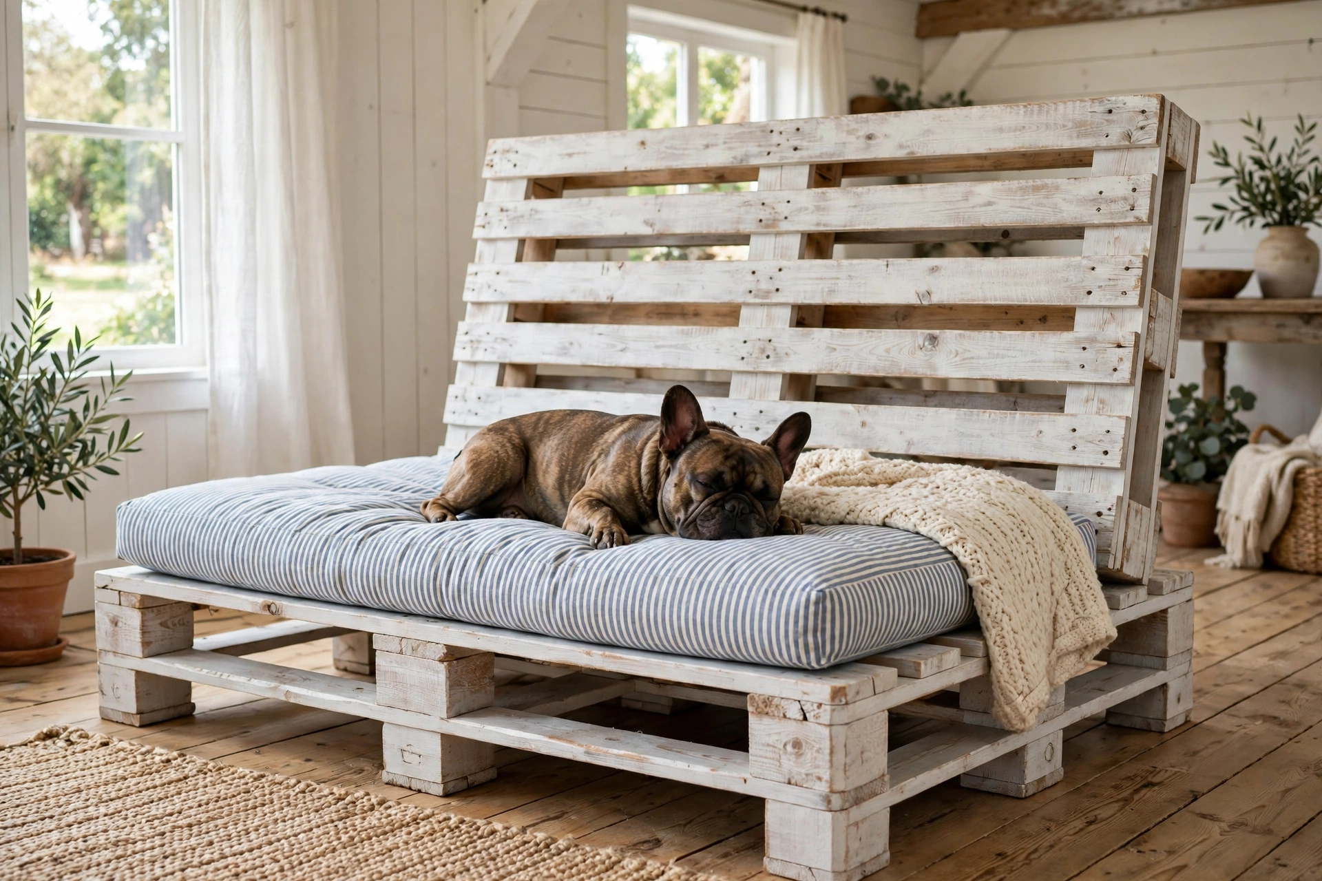 Whitewashed pallet daybed with raised backrest and striped cushion