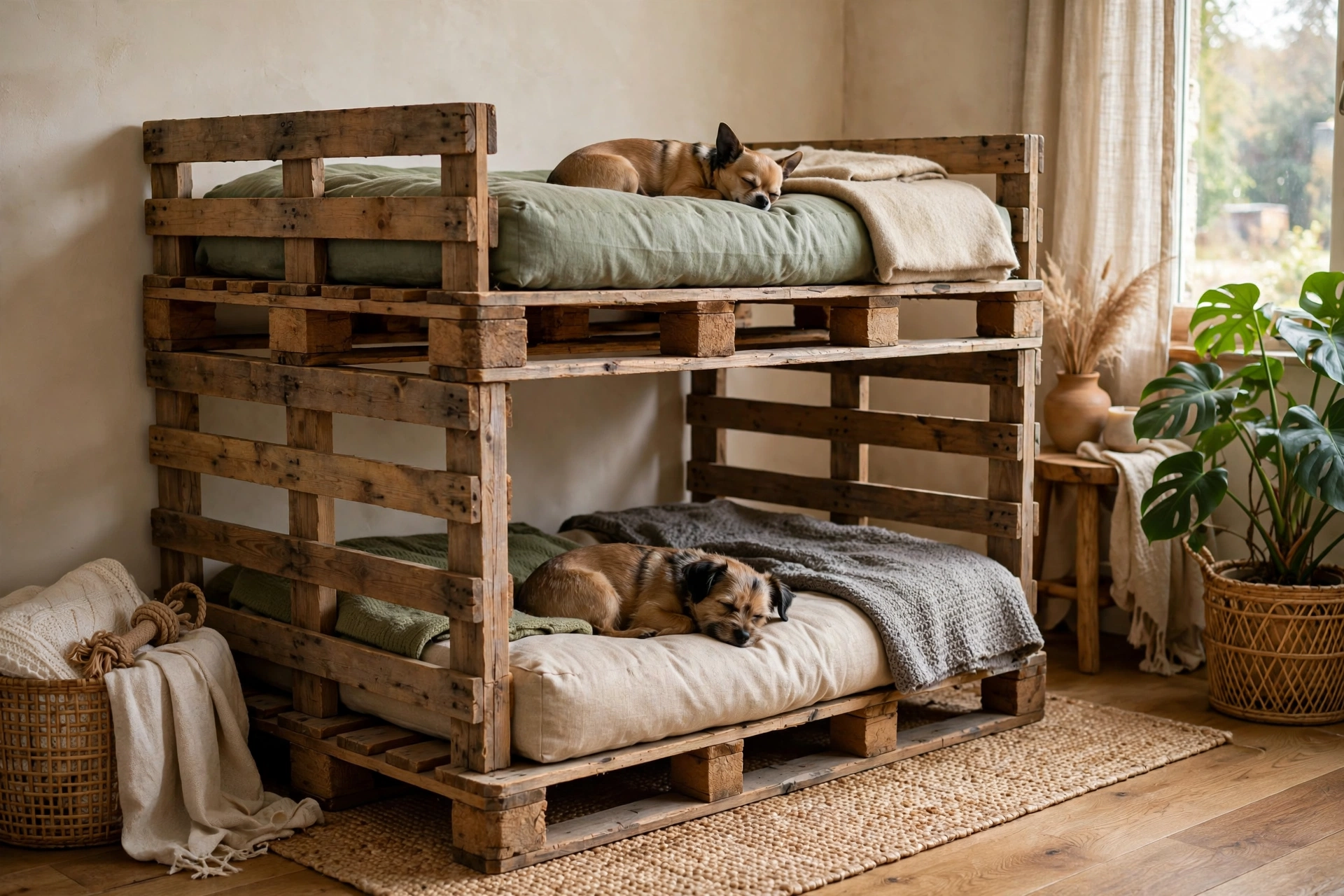 Two stacked pallet dog bunk beds with small dogs