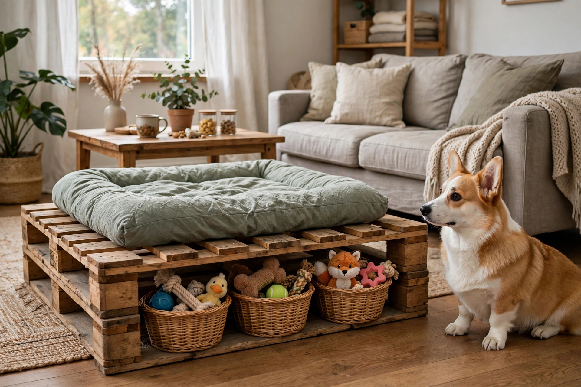 Pallet dog bed with baskets of toys stored underneath