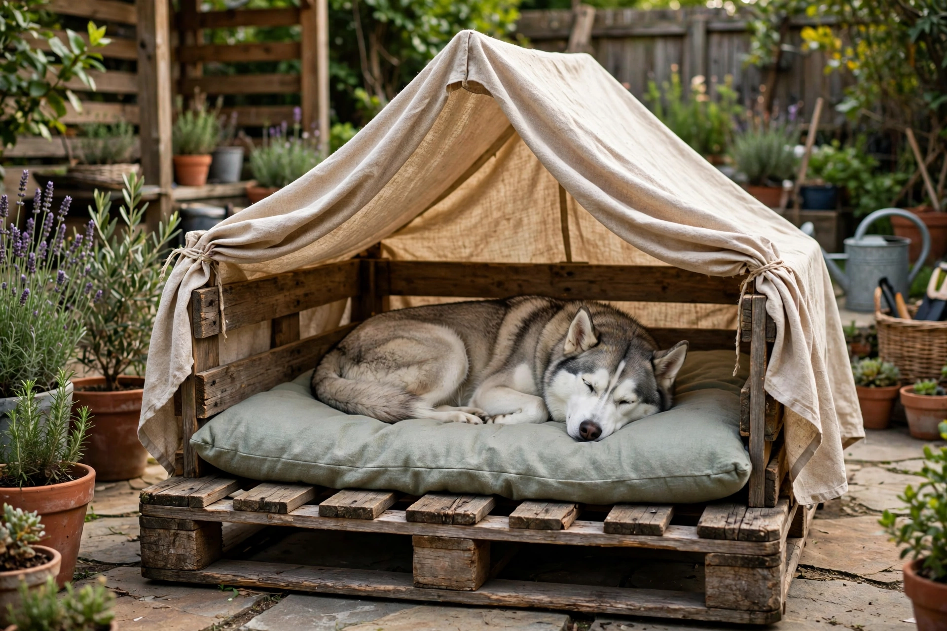 Pallet dog bed with draped fabric canopy and husky resting