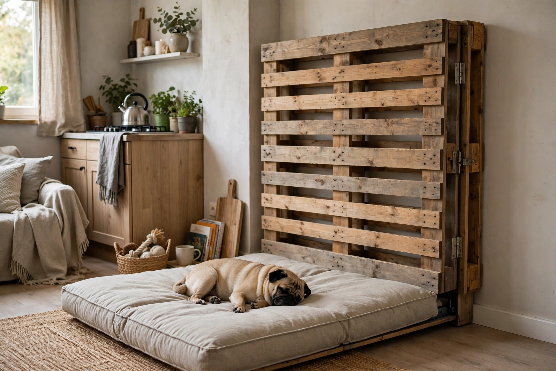 Pallet dog bed folded upright against apartment wall
