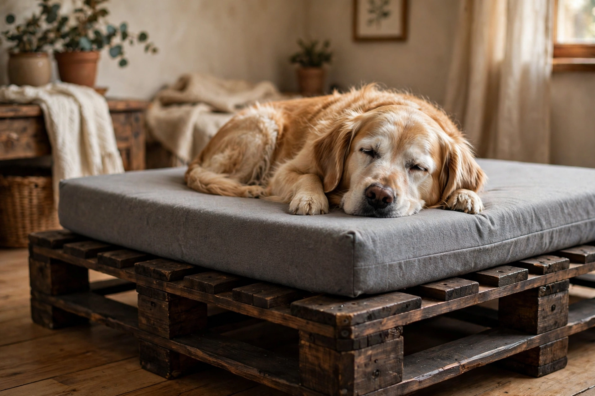 Dark-stained pallet bed with orthopedic foam mattress and old golden retriever