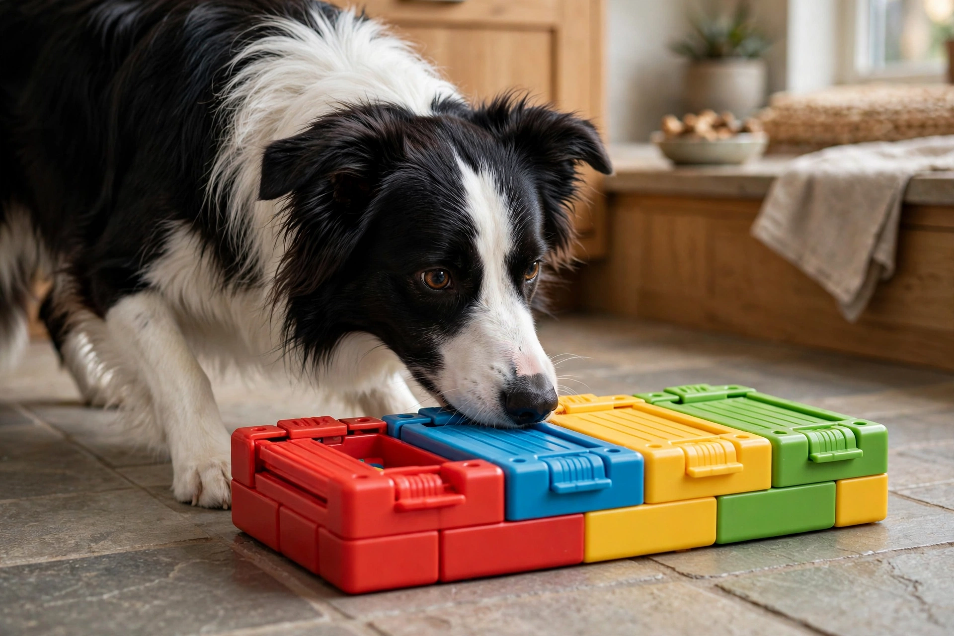 Dog working on an interactive treat puzzle brick toy