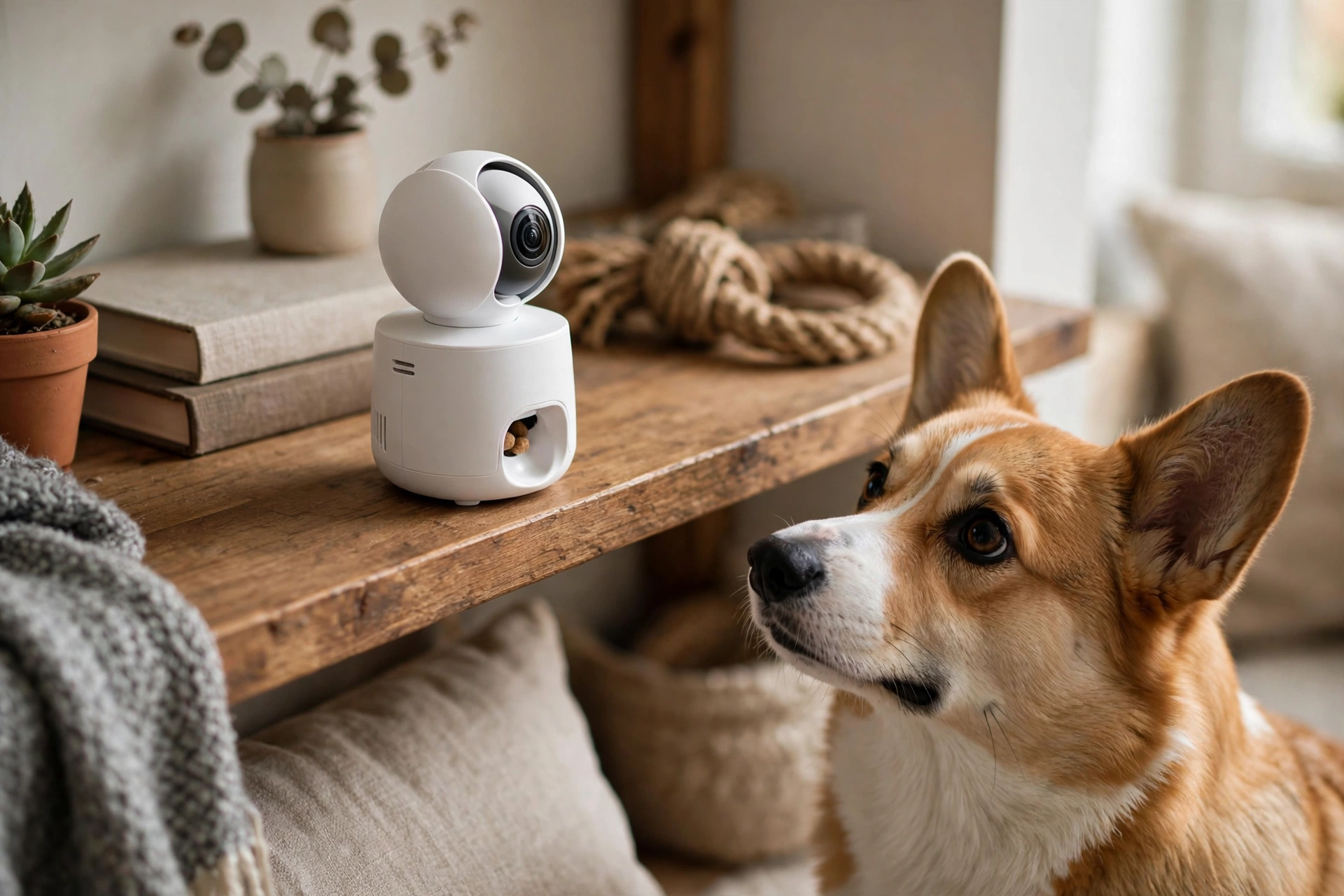 Treat-tossing pet camera while a dog watches