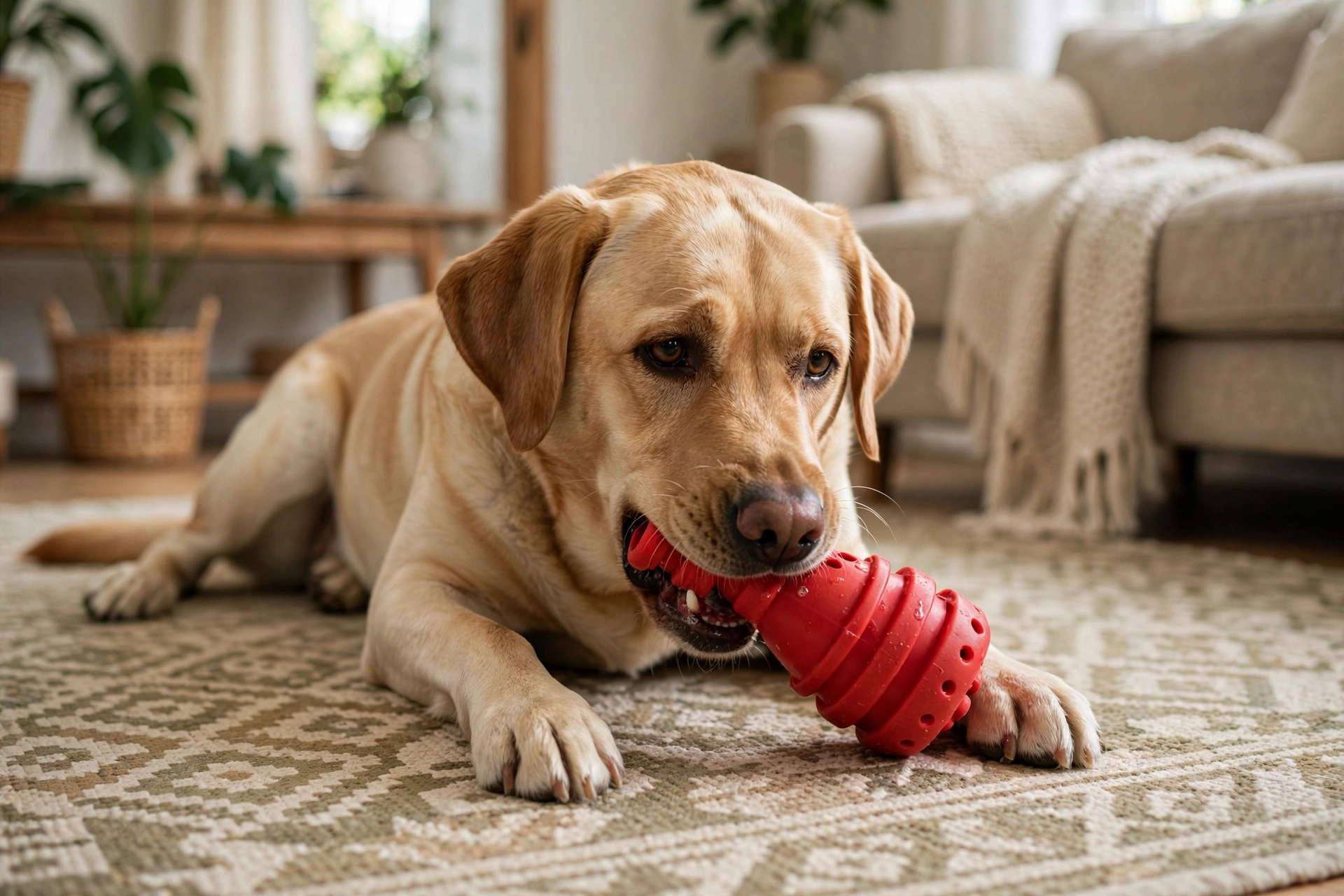 Dog chewing a red treat-dispensing rubber toy