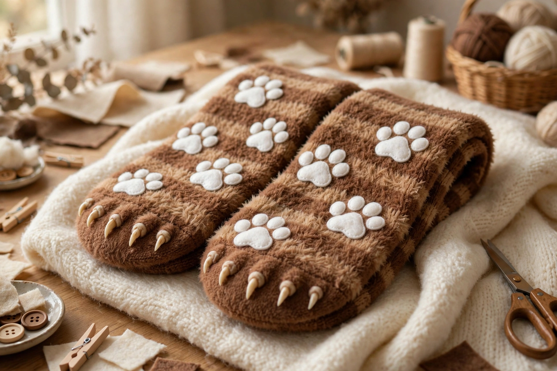 Brown striped fuzzy socks decorated with white felt cat paw prints on the toes