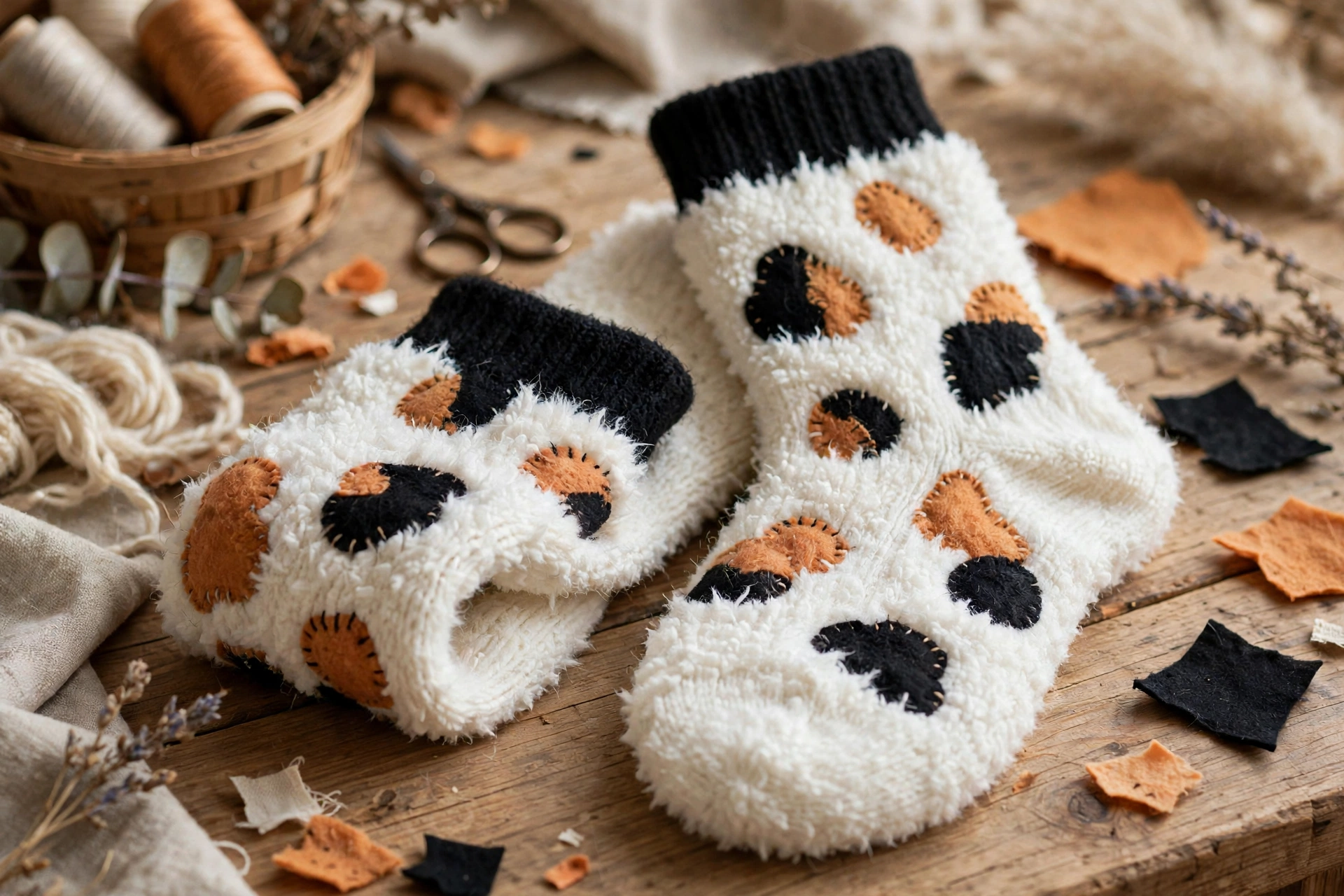 Fluffy white socks with black cuffs and black and ginger felt patches like a calico cat coat