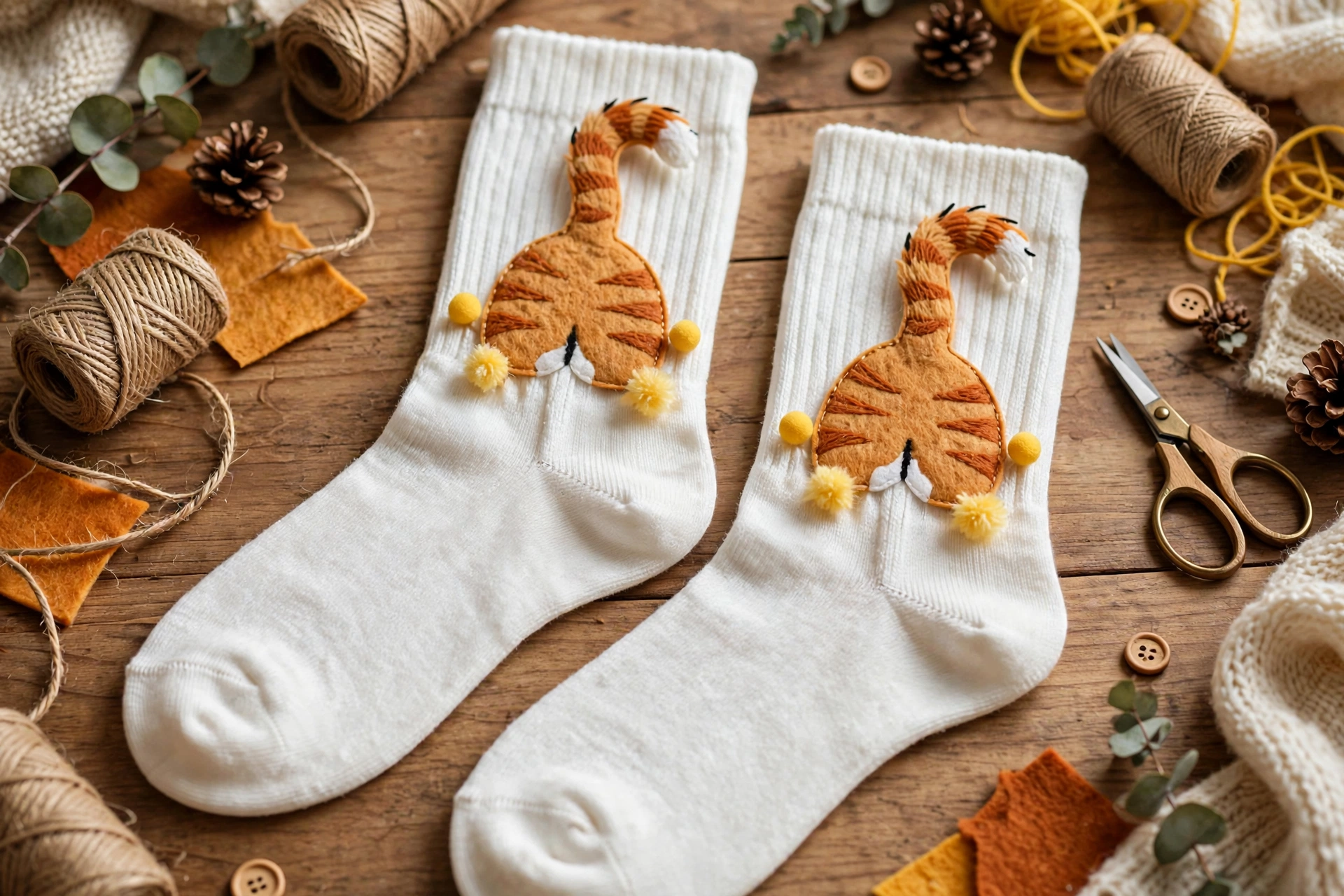 White crew socks with a funny felt ginger tabby cat rear applique on the back ankle