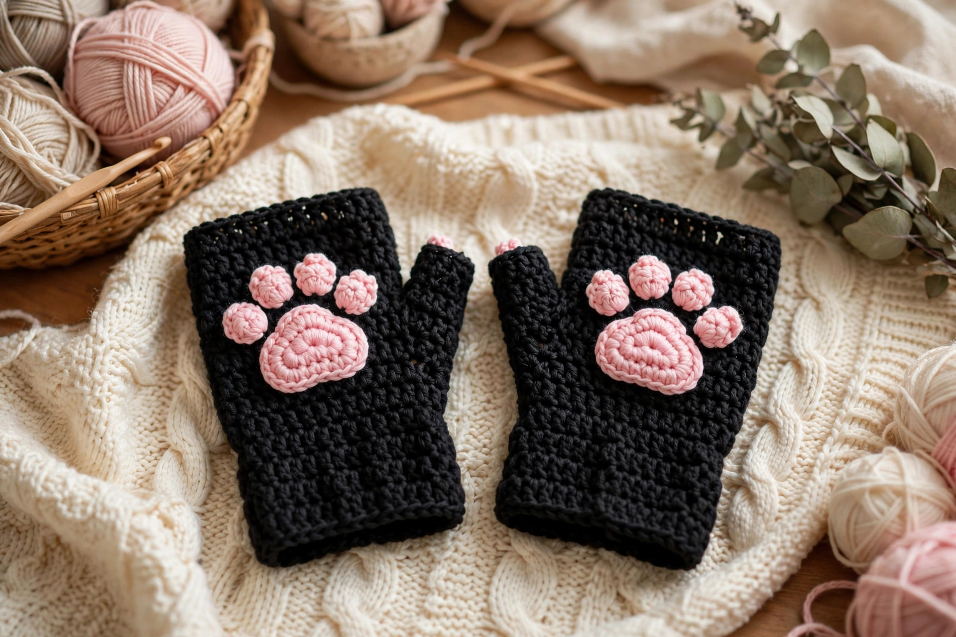 Black crocheted fingerless wrist warmers with pink crocheted cat paw pads stitched on