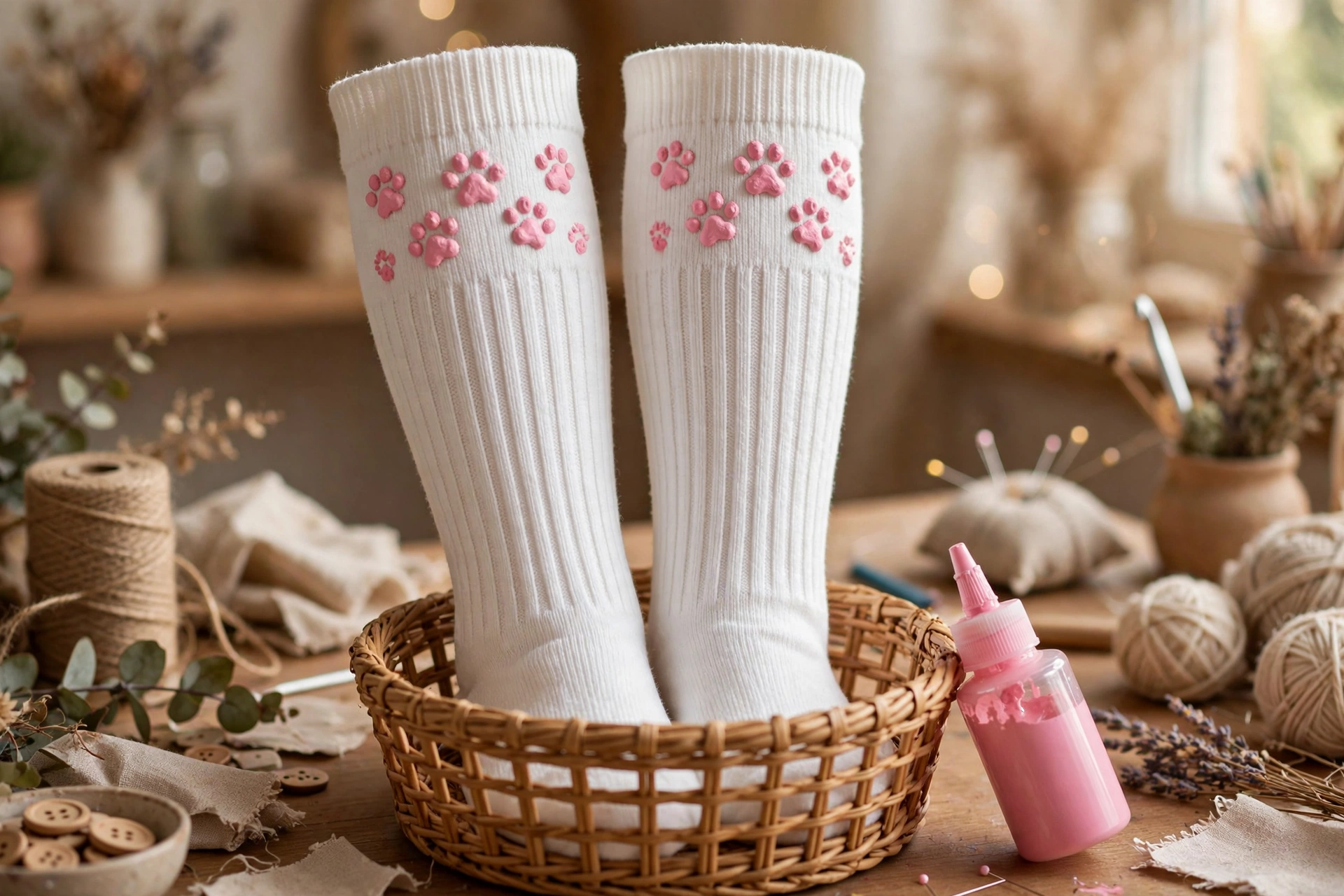White knee-high socks with raised pink 3D puffy paint cat paw prints near the cuff