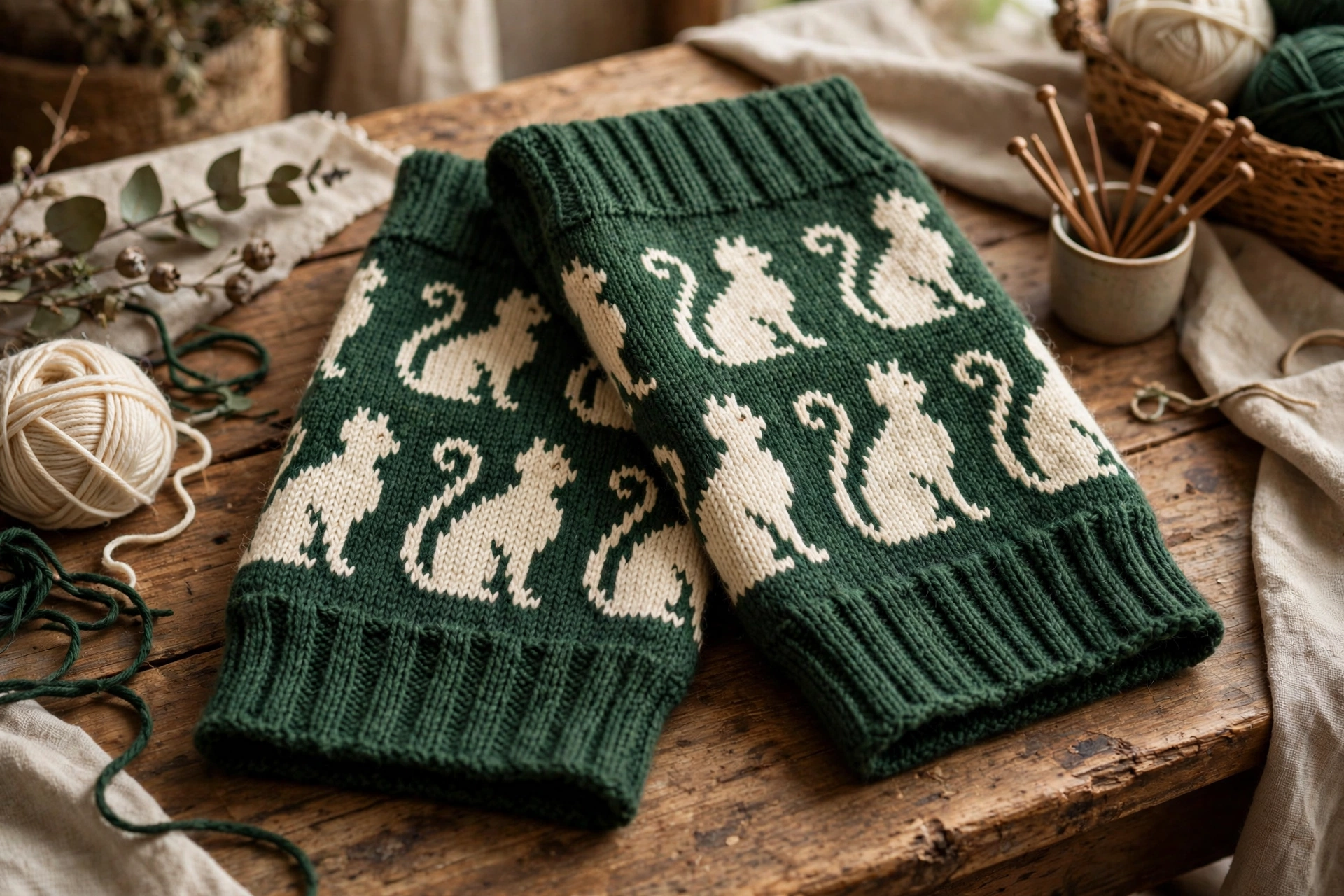 Forest green knitted leg warmers with cream stranded colorwork cat silhouettes
