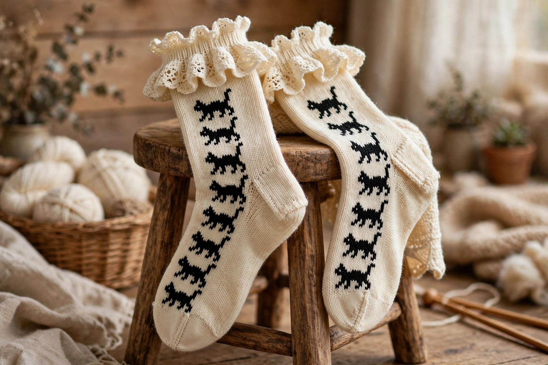Cream knitted socks with a ruffled lace cuff and black cat silhouettes marching down the leg