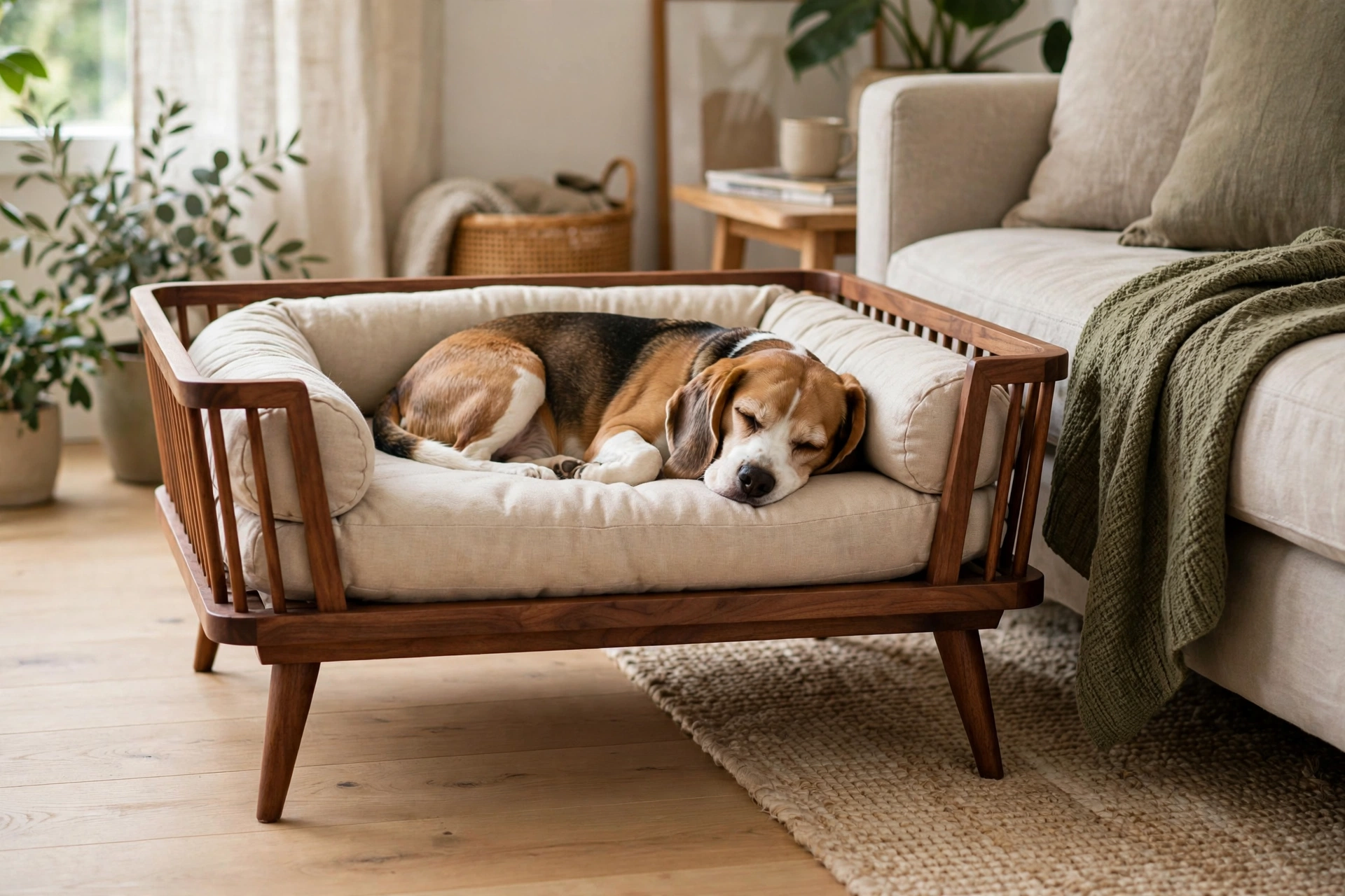 Mid-century modern walnut wooden dog bed with tapered legs and beige bolster cushion