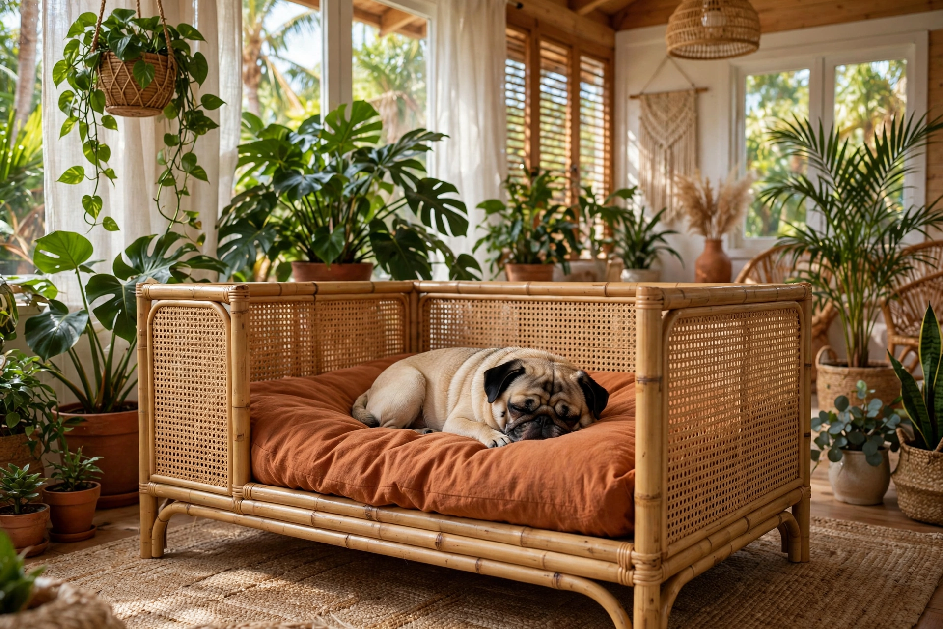 Natural bamboo wooden dog bed with woven cane panels and terracotta cushion