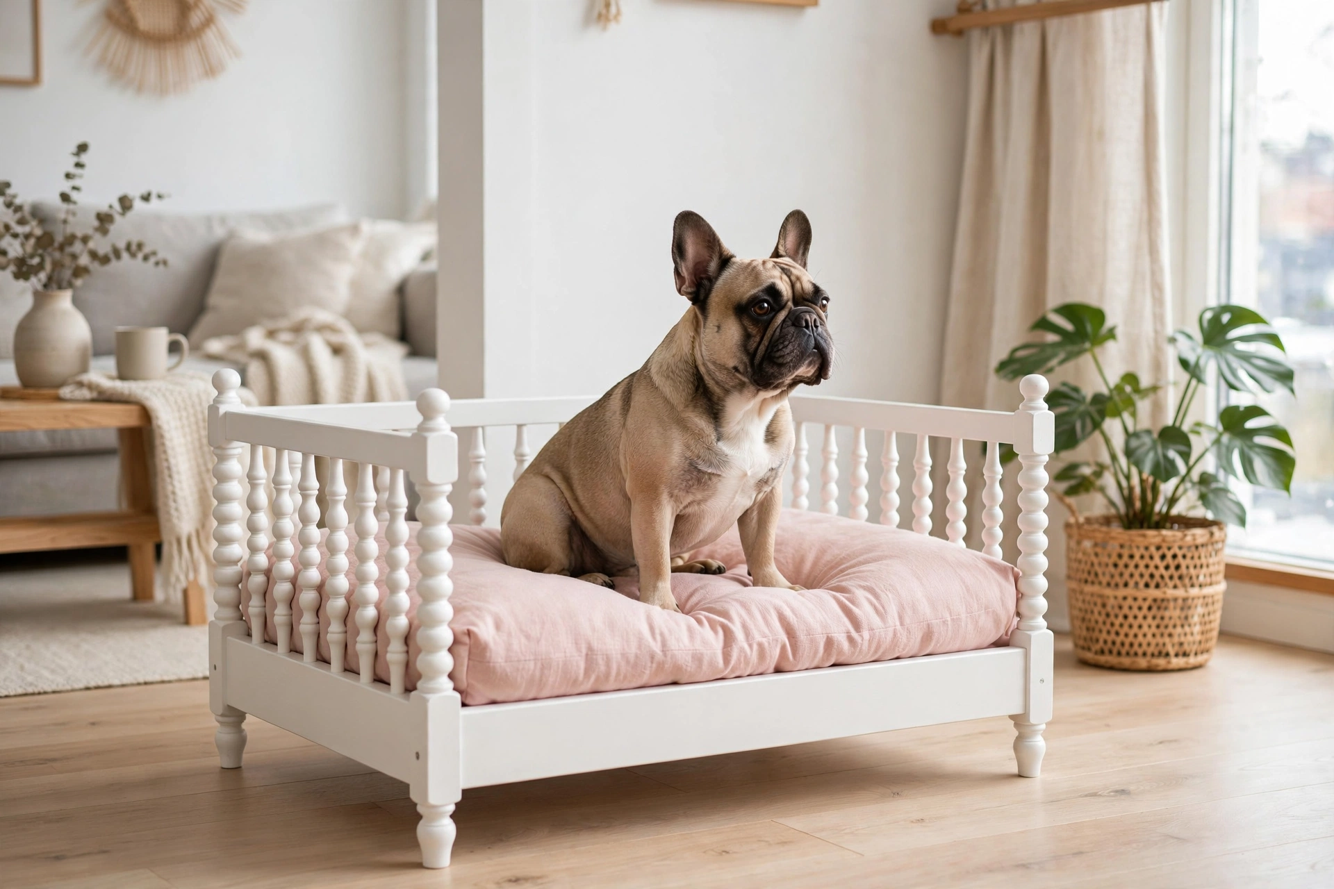 White painted wooden dog daybed with spindle rails and blush cushion