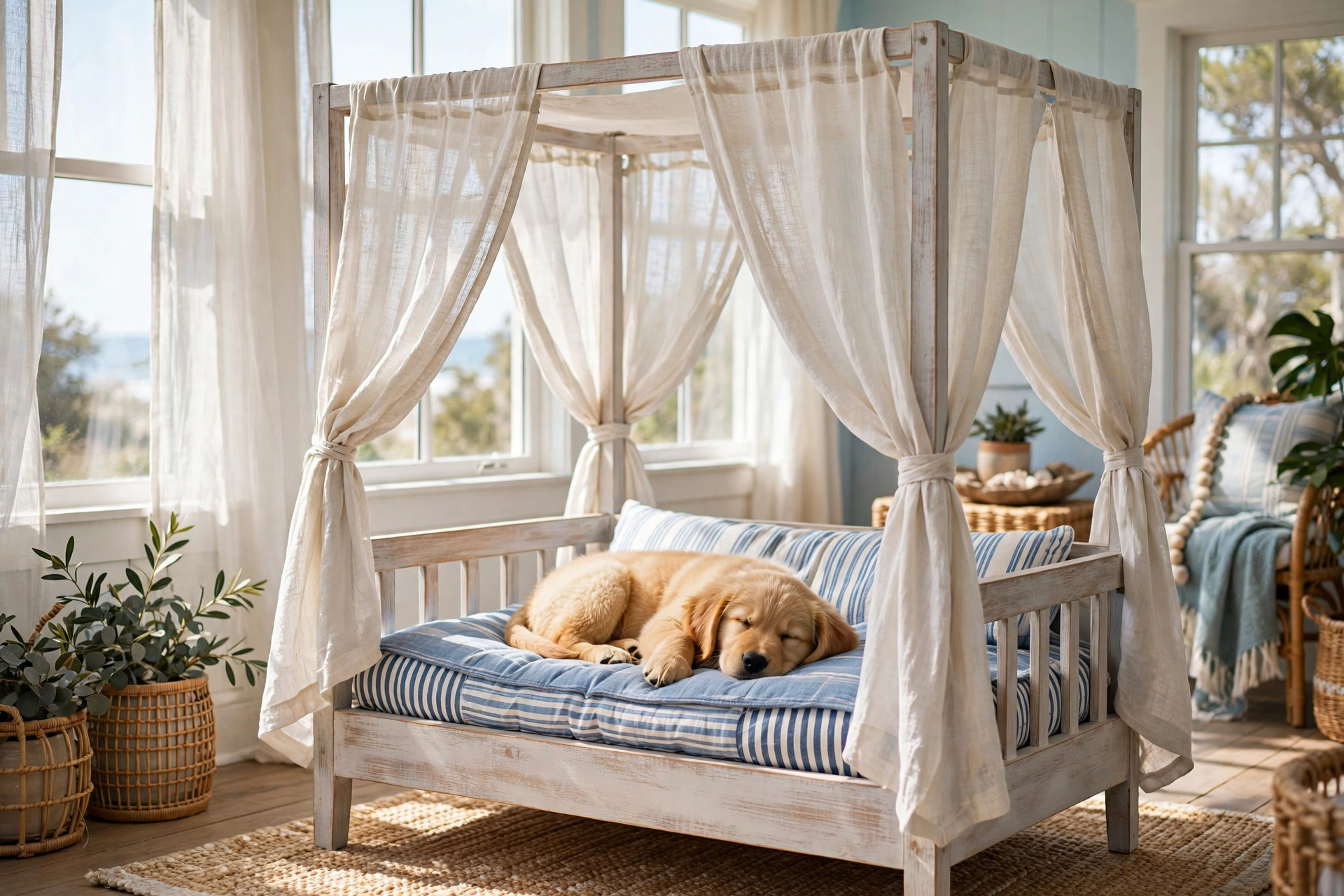 Whitewashed wooden canopy dog bed with linen curtains and blue cushion