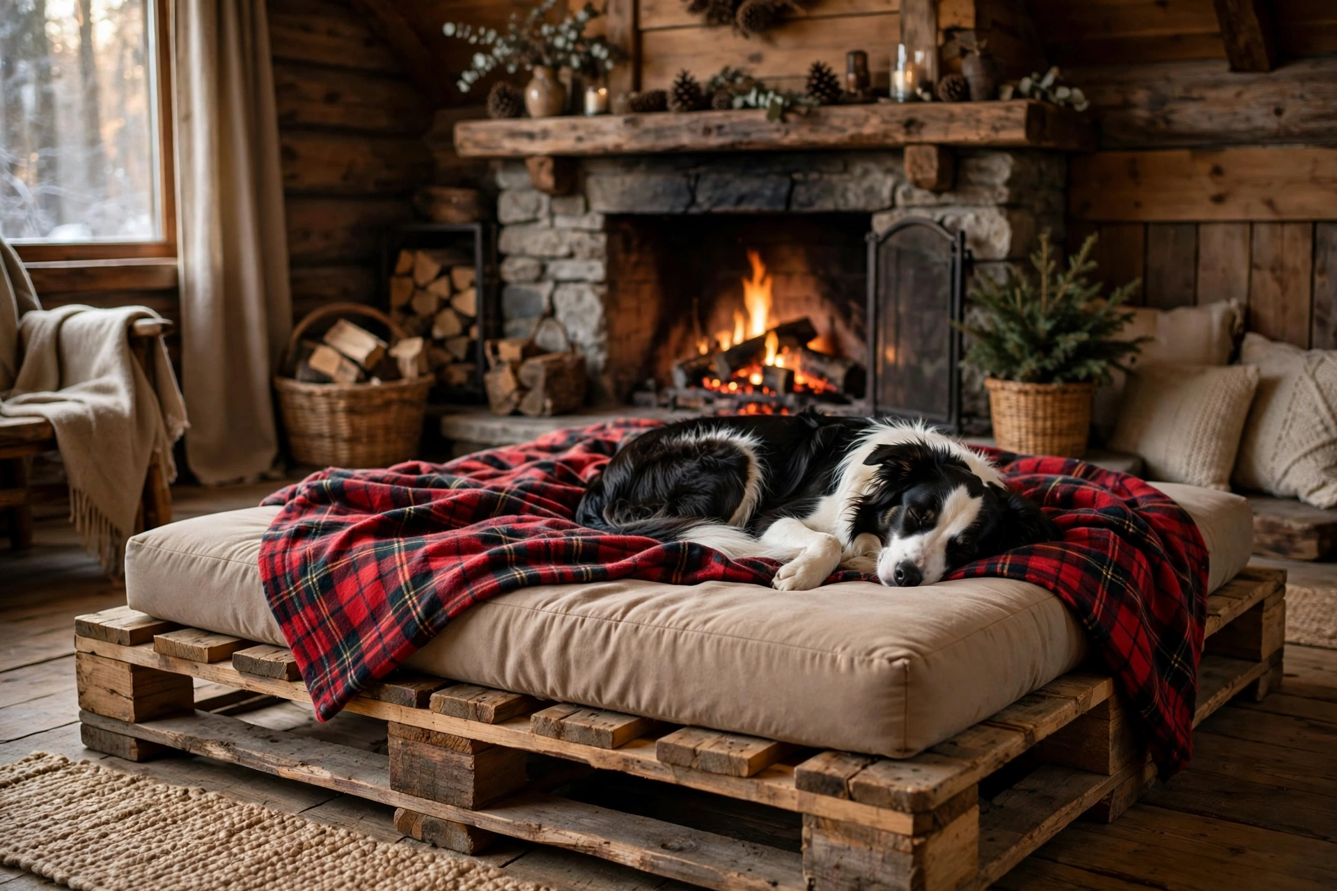 Chunky pallet wood dog bed platform with thick foam mattress and border collie