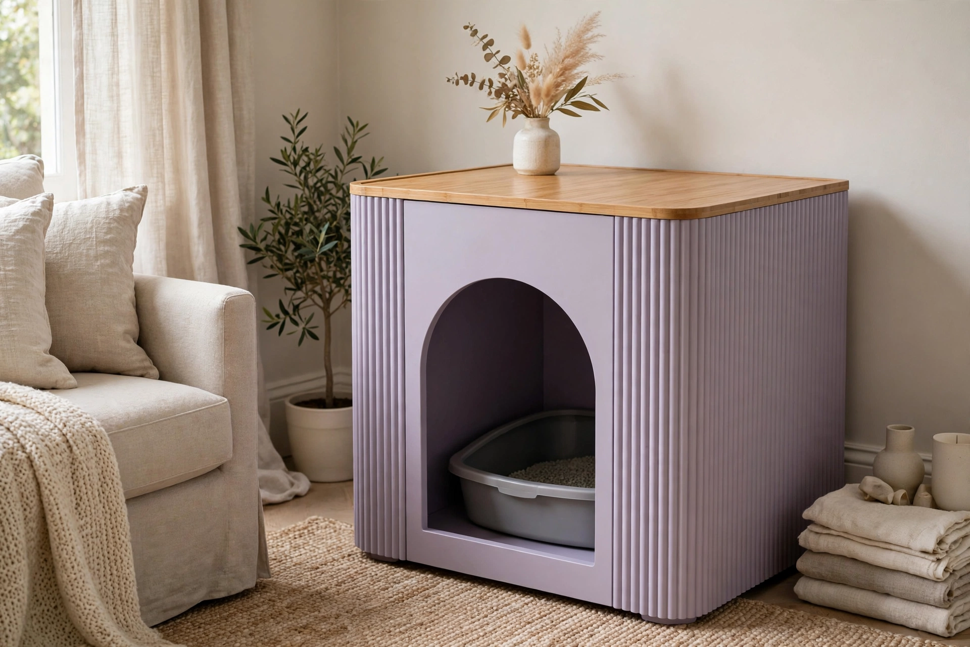 Fluted lavender litter box enclosure with arched doorway and bamboo top used as a side table