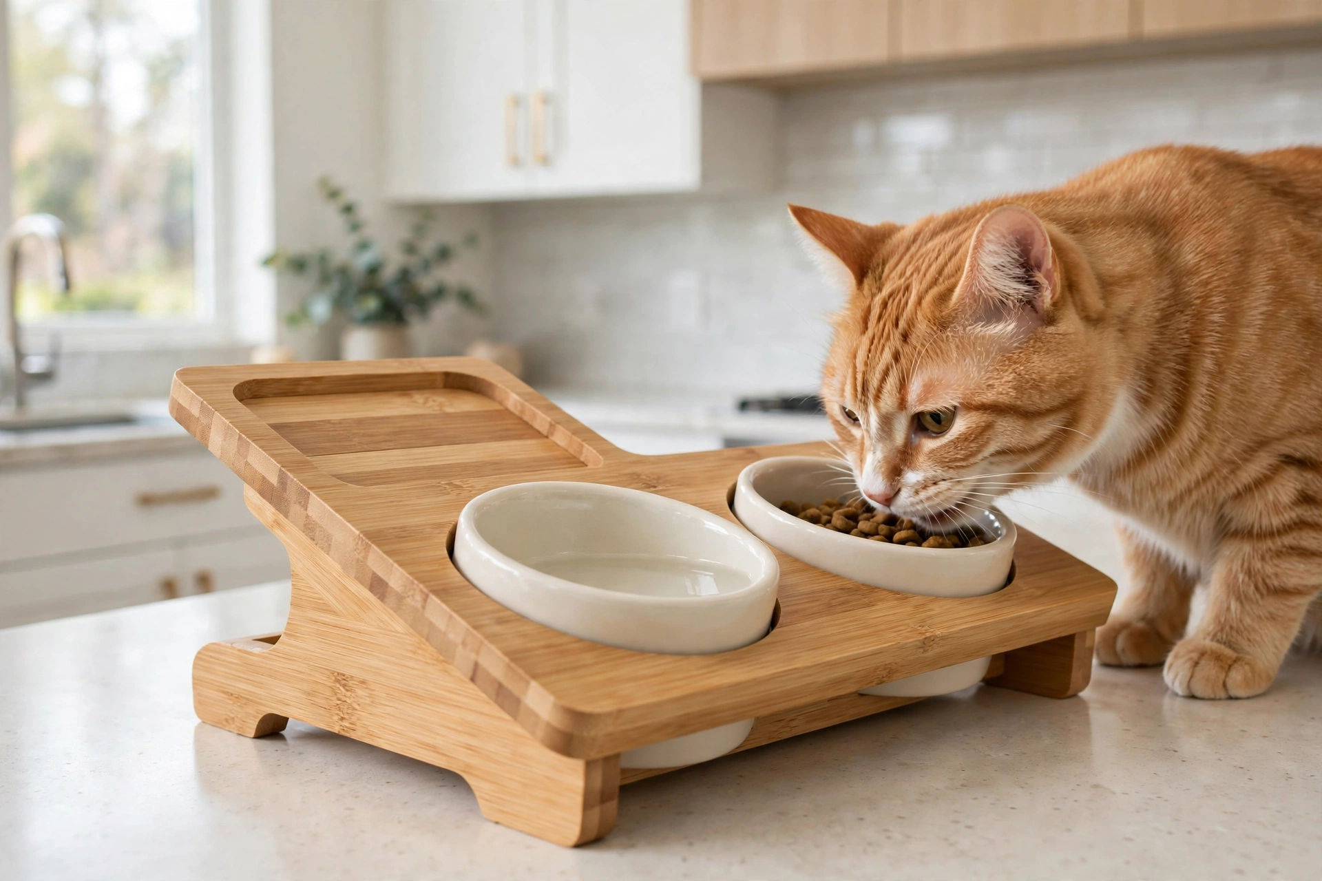 Anti-vomit tilted bamboo cat diner with ceramic bowls