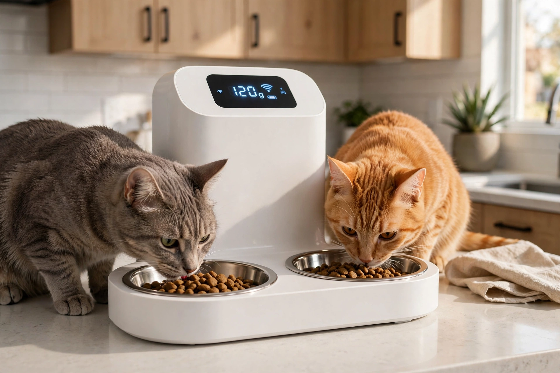 Smart automatic cat feeder with two stainless steel bowls for two cats