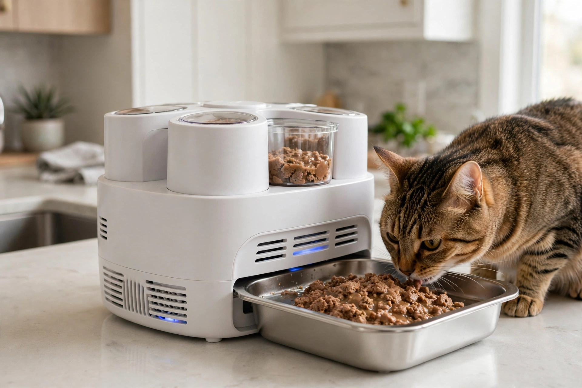 Automatic wet food cat feeder station with cooling technology