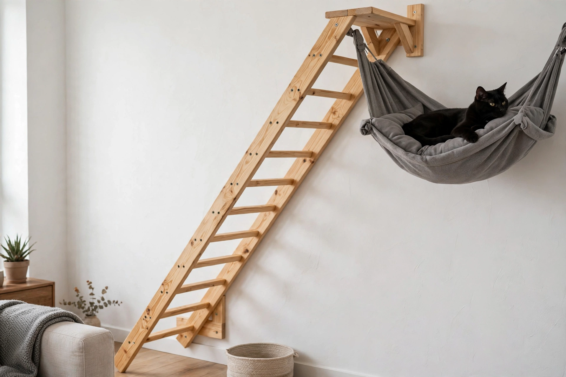 Light pine wooden cat ladder mounted on a living room wall leading up to a gray fabric hammock with a cat lounging