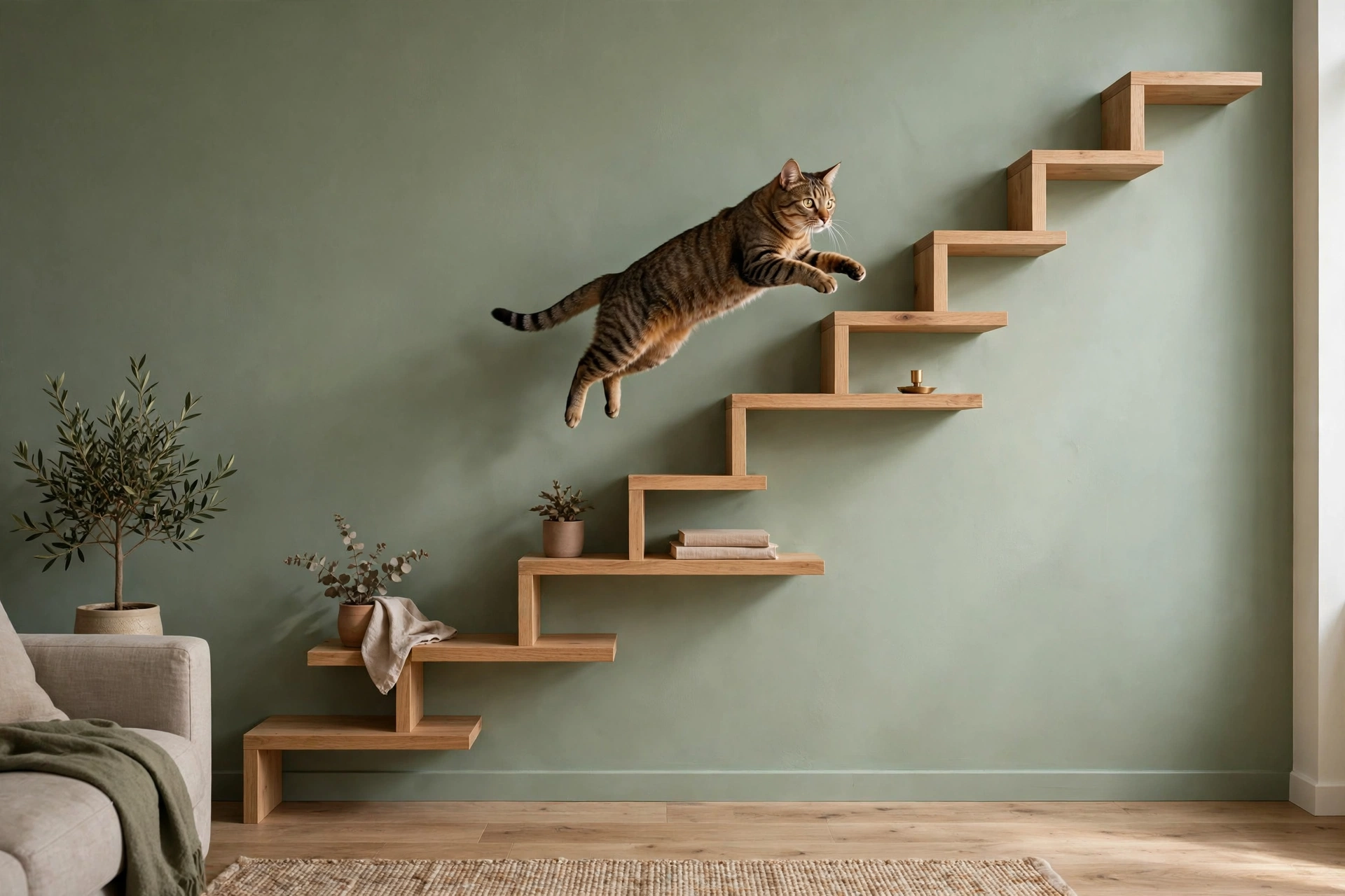 Zigzag staggered floating wooden shelves forming ladder steps on a sage green wall with a tabby cat leaping between shelves