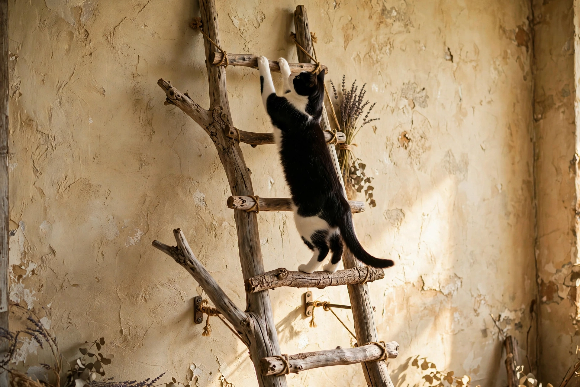 Rustic ladder made from a natural driftwood branch with side limbs mounted on a farmhouse wall with a cat climbing
