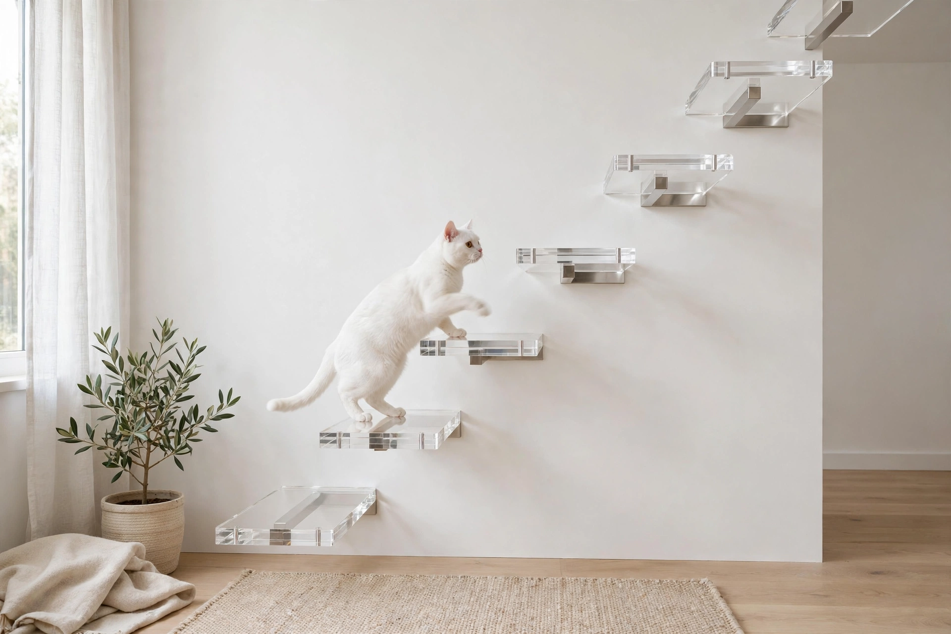 Clear acrylic floating steps for cats mounted in a staircase pattern on a white wall with a white cat stepping up