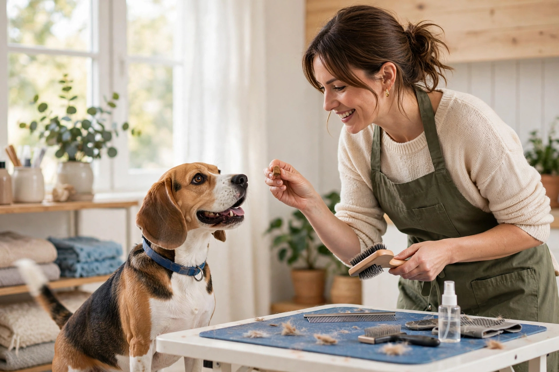 Owner rewarding a beagle with a treat during grooming