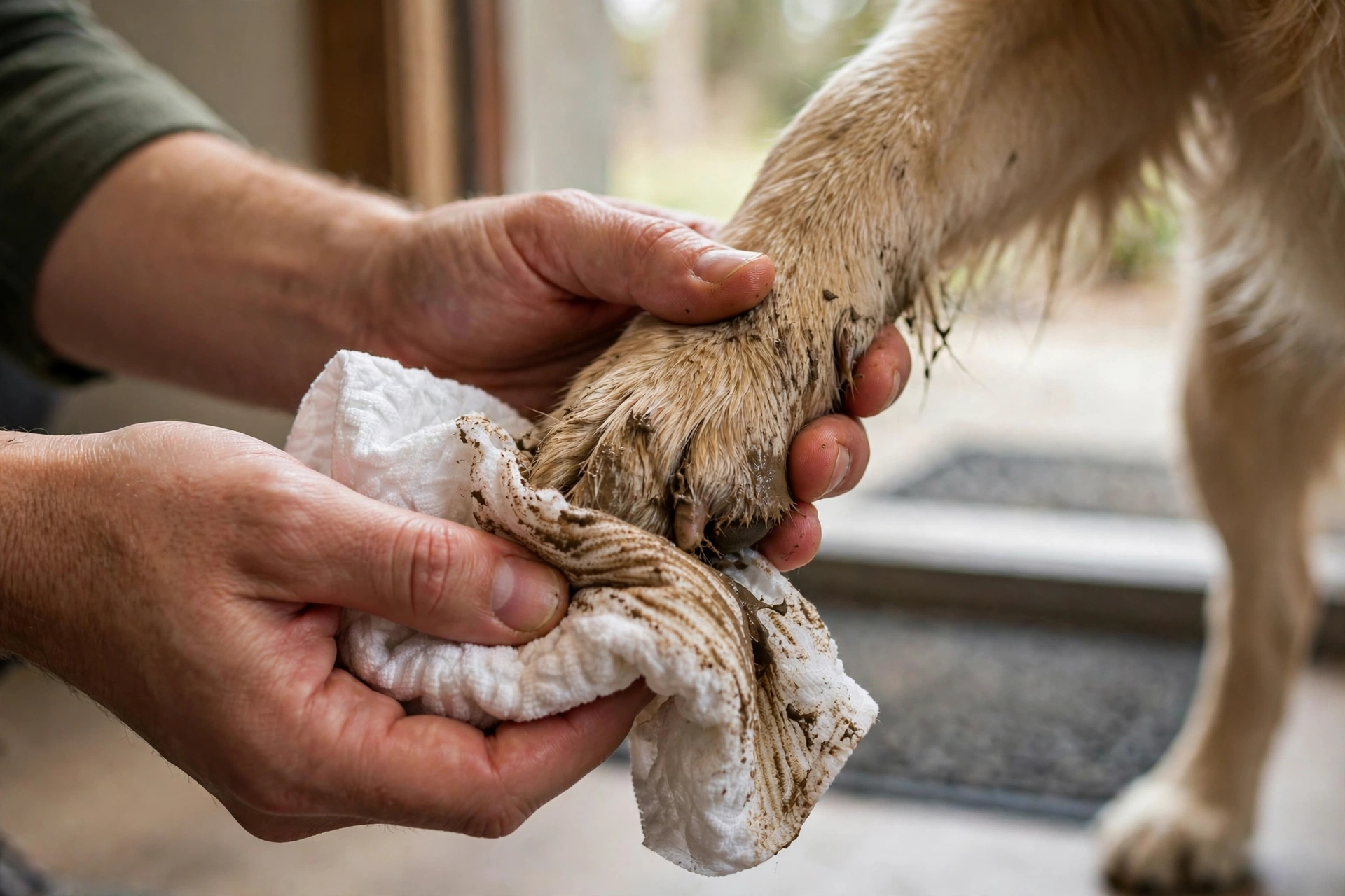 Wiping a dog's muddy paws with hypoallergenic grooming wipes
