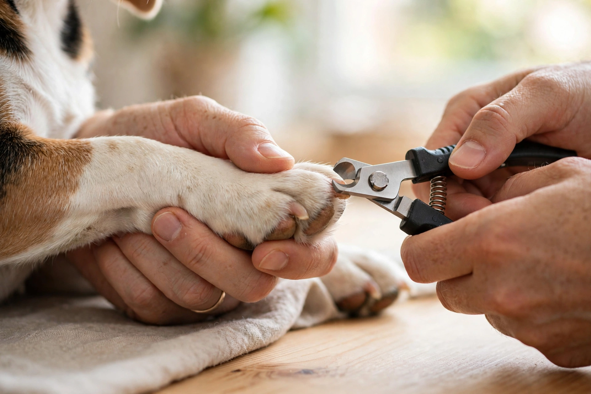 Careful dog nail trimming with pet nail clippers