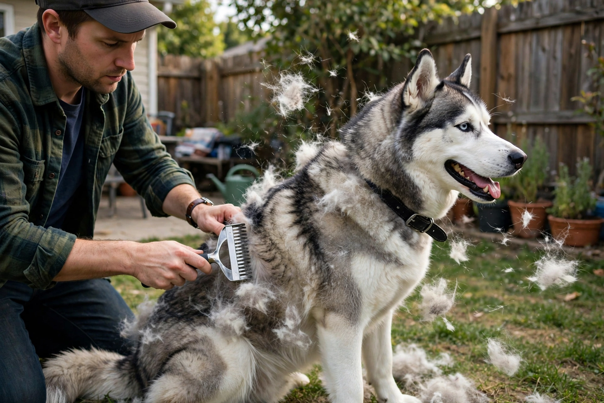Owner using a deshedding rake on a double-coated husky