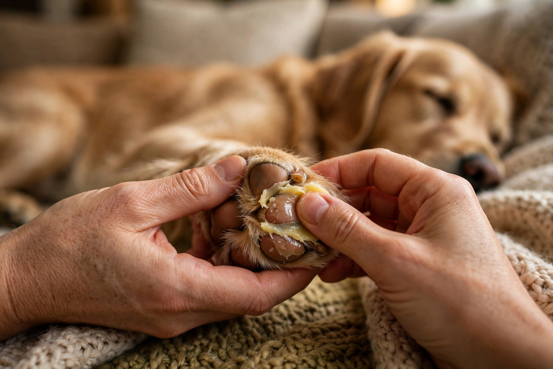 Applying paw balm to a dog's paw pads on the couch