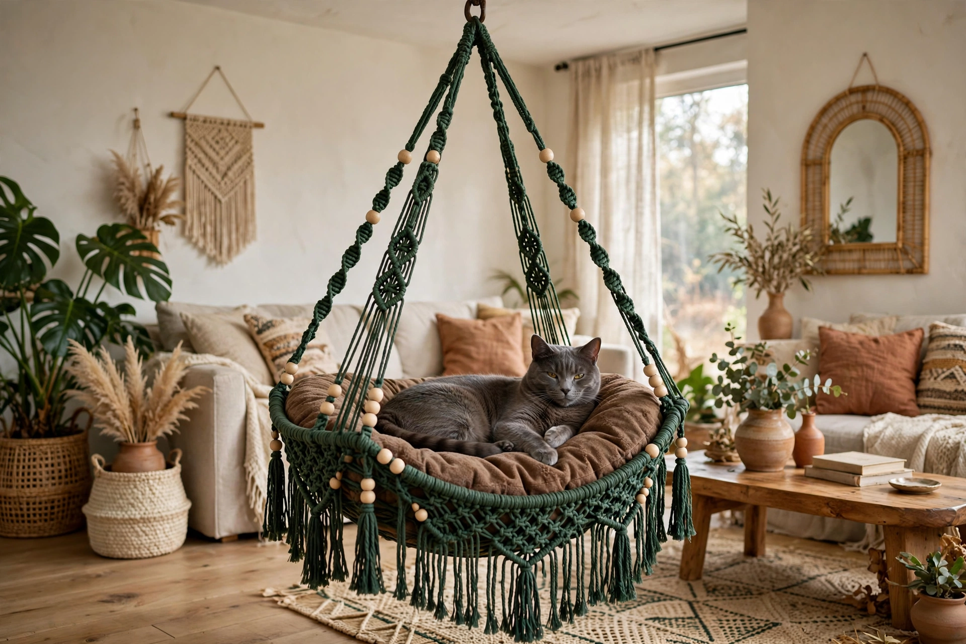 Forest green macrame cat hammock swing with wooden beads in a boho living room