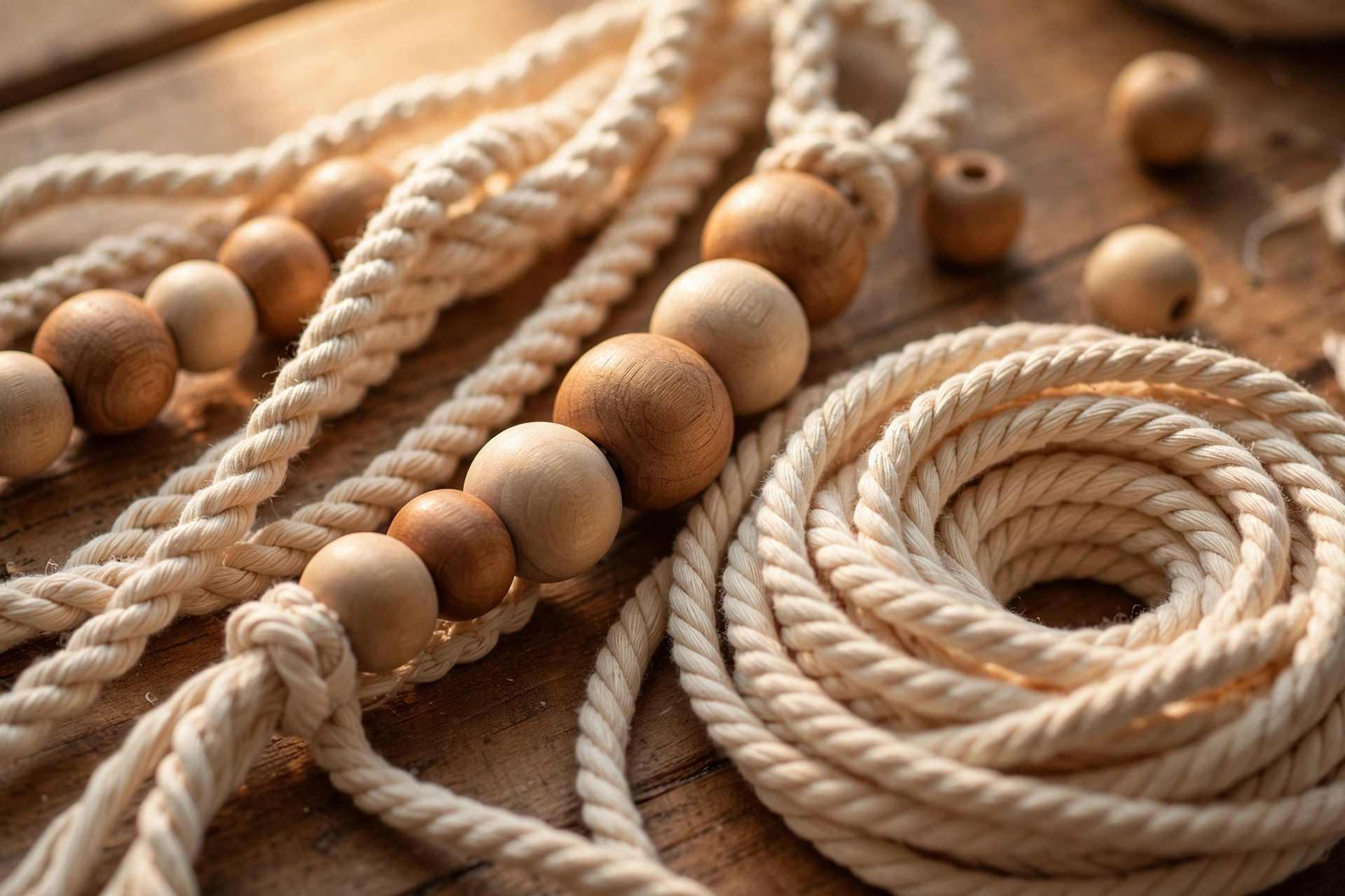 Natural wooden beads threaded on macrame cotton cords for a DIY cat hammock