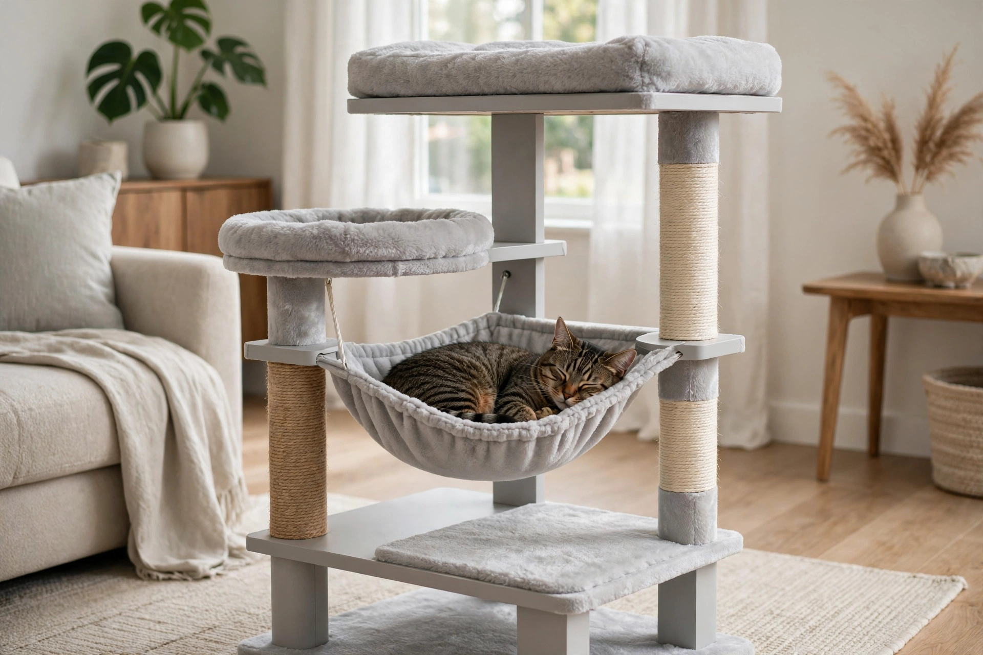 Modern light gray cat tree tower with built-in hammock bed
