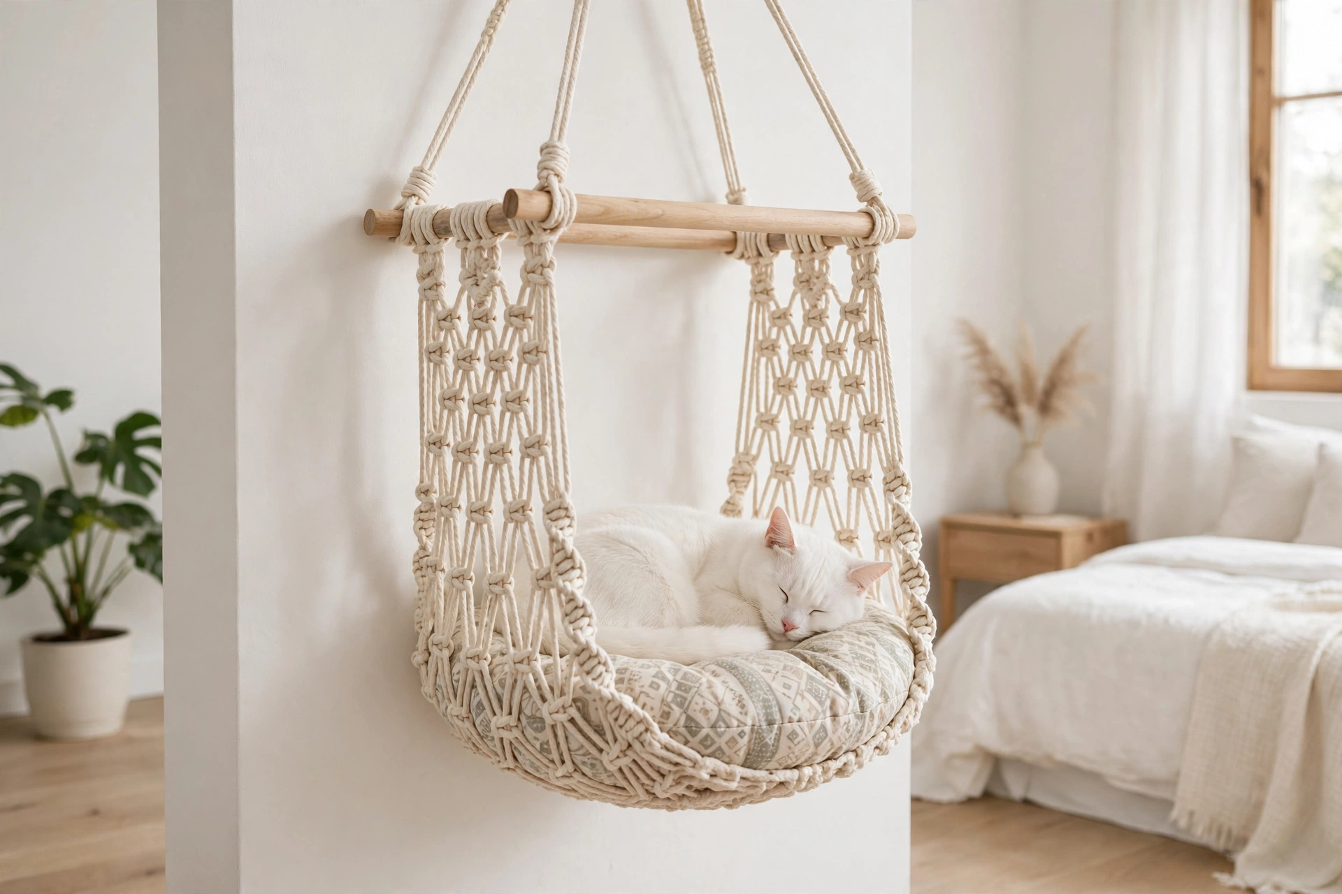 Cream cotton macrame hanging cat hammock basket in a minimalist bedroom