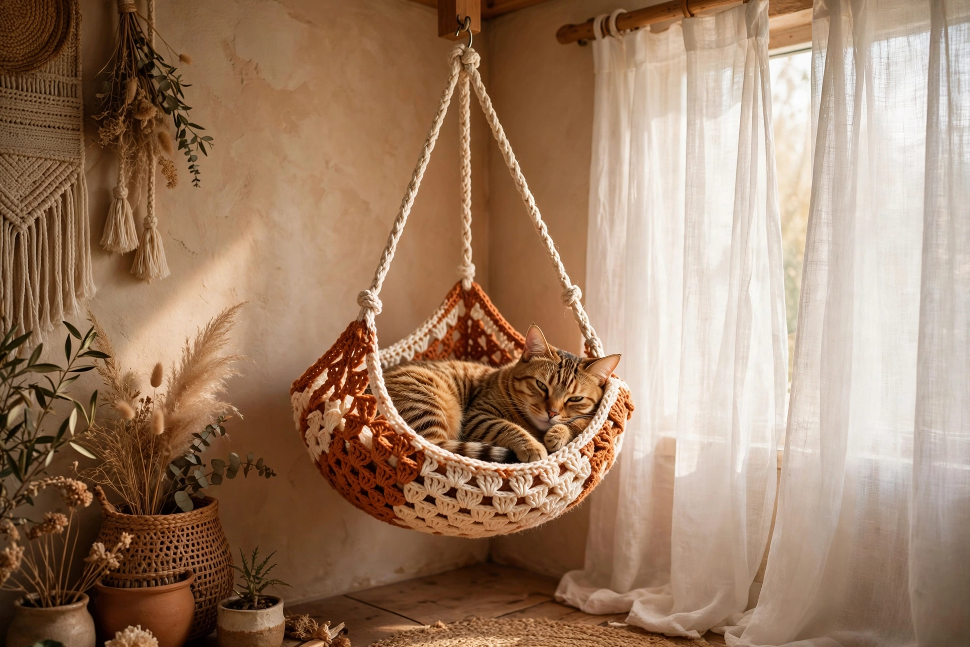 Rust orange and cream crocheted cat hammock lounger in a sunny corner