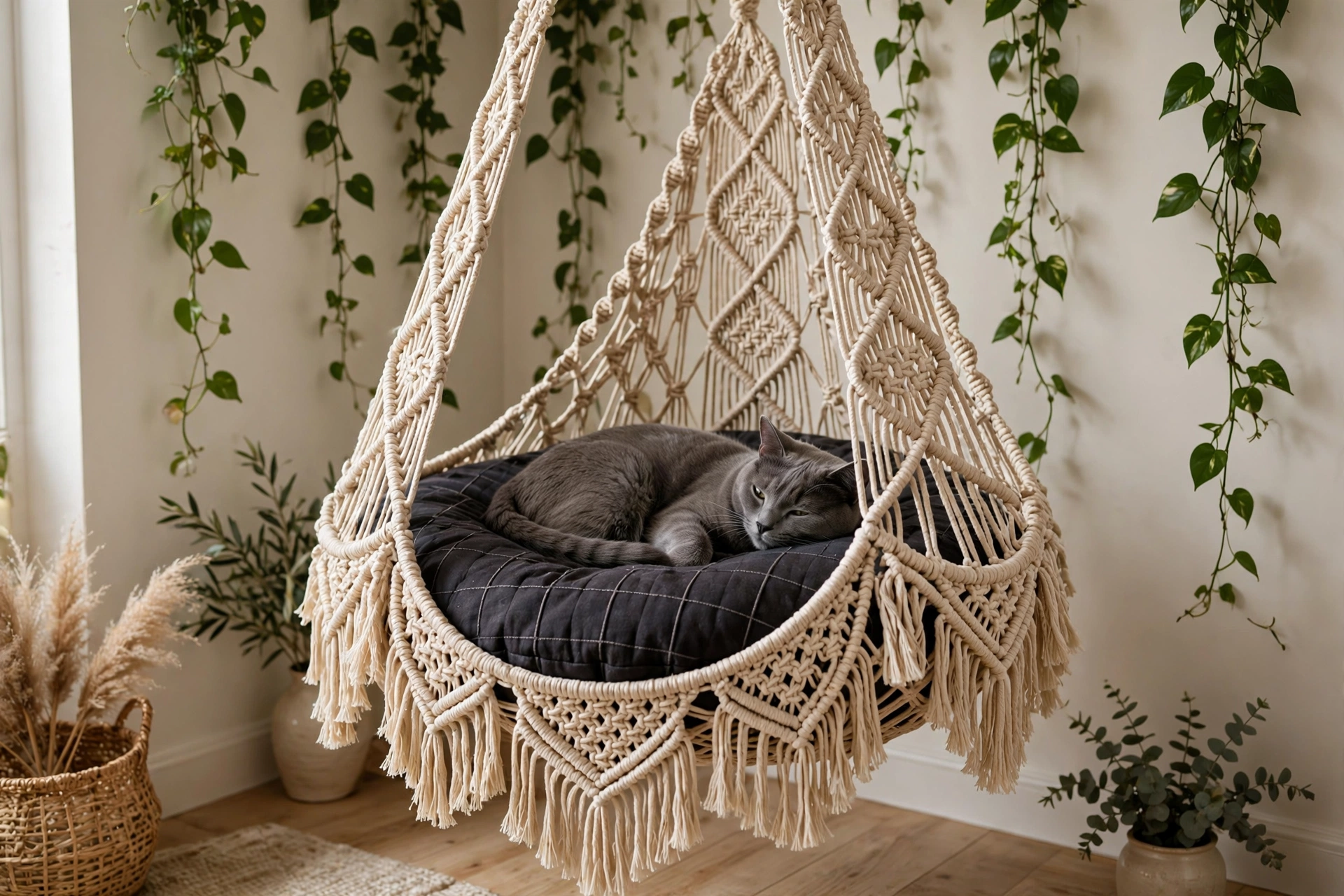 Beige macrame cat hammock with diamond knotting and a dark patterned cushion