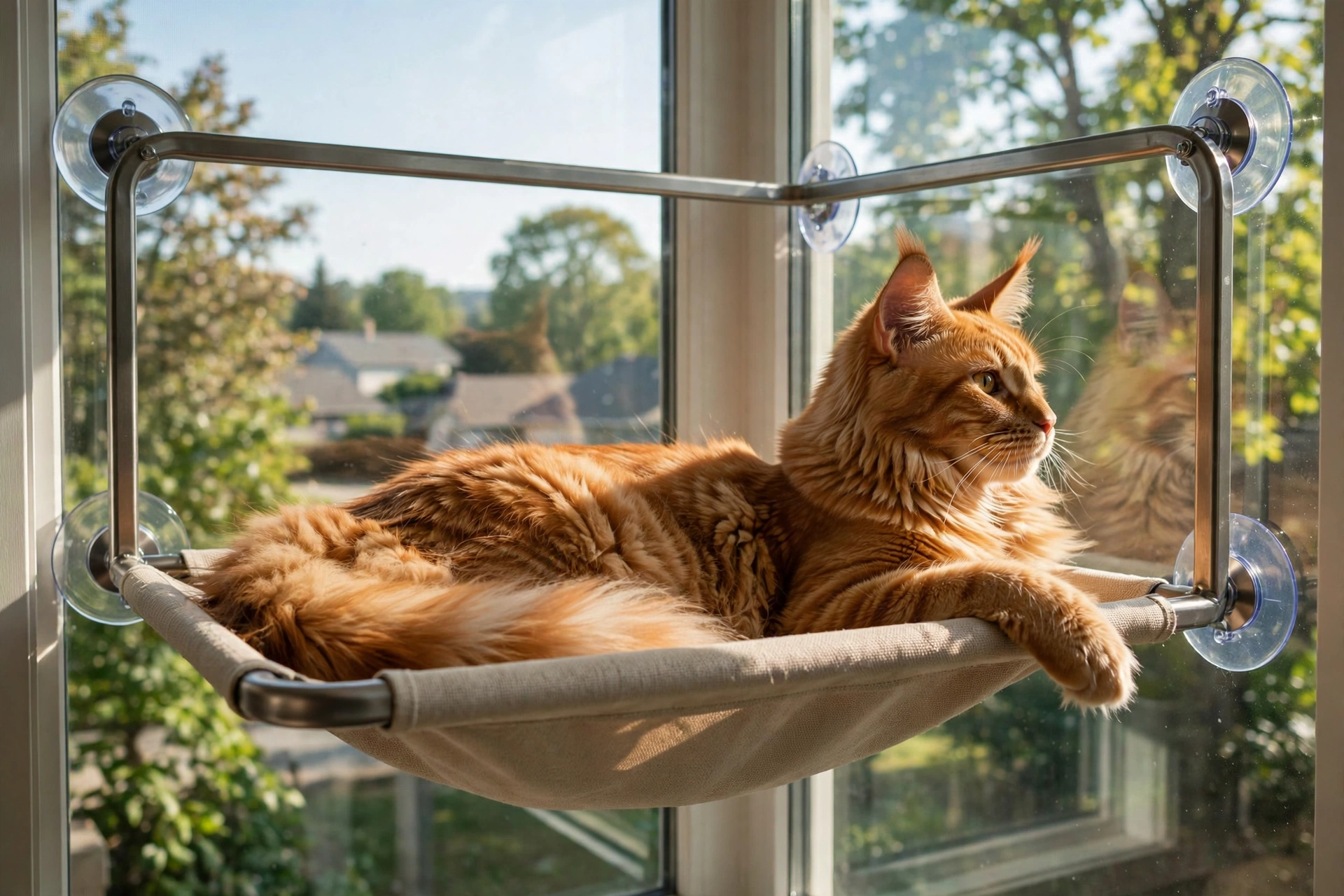 Suction cup mounted cat window hammock with an orange cat sunbathing