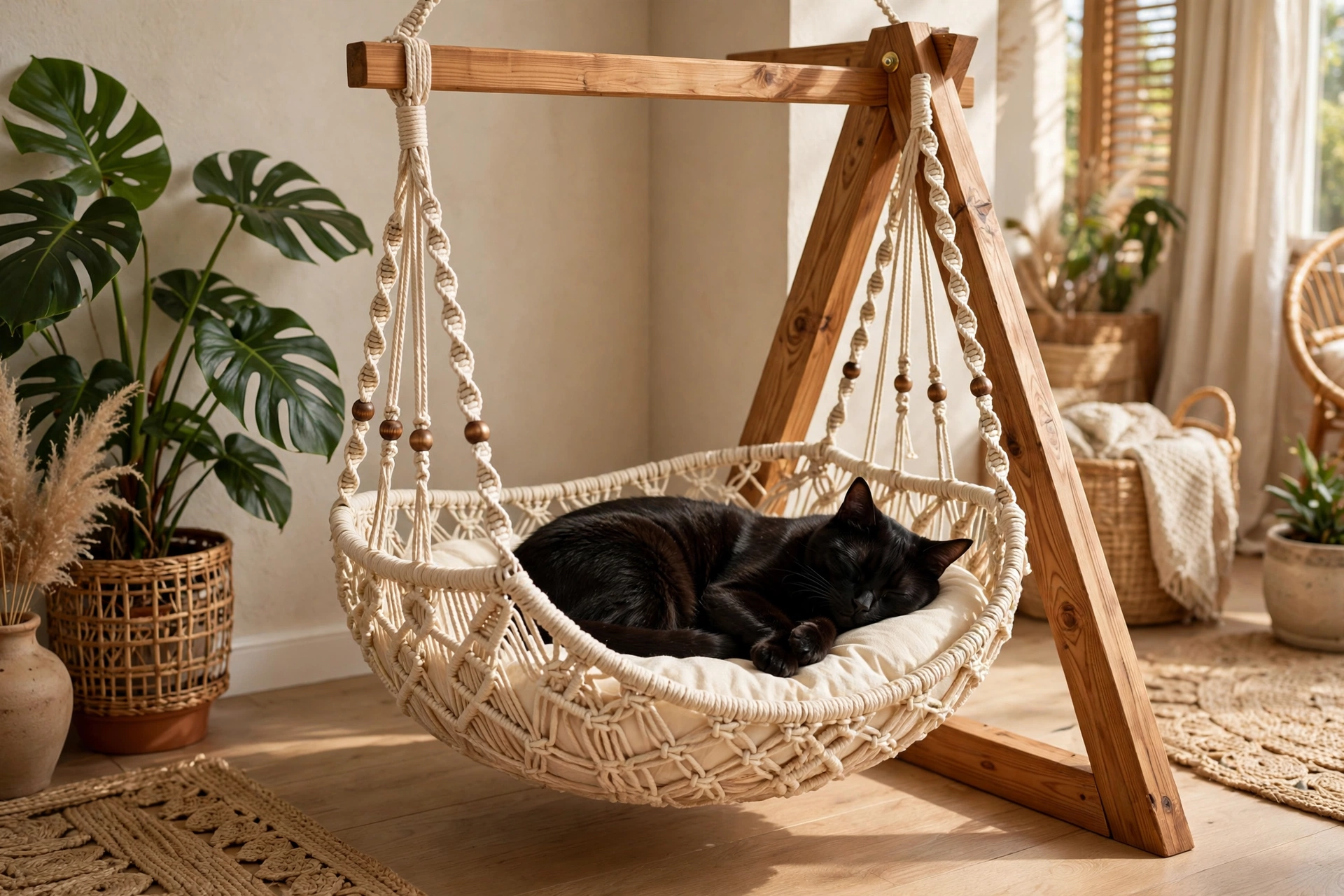 Boho macrame cat hammock on a wooden A-frame stand in a sunny living room
