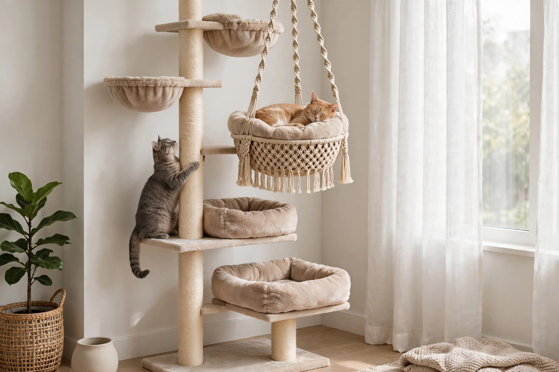 Beige cat tree tower with hanging macrame basket and cats climbing