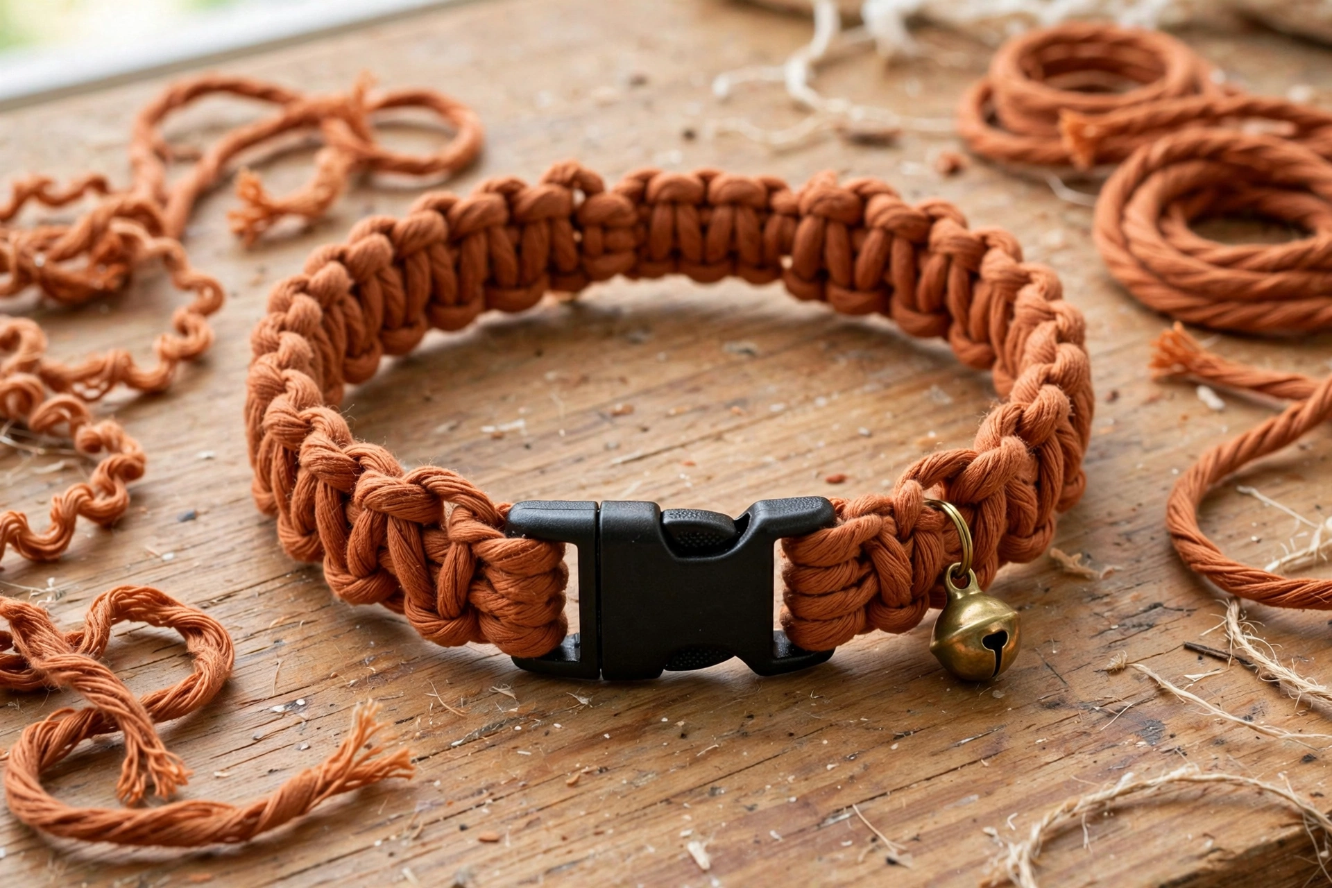 Handmade terracotta macrame cat collar with breakaway clasp and bell on craft table