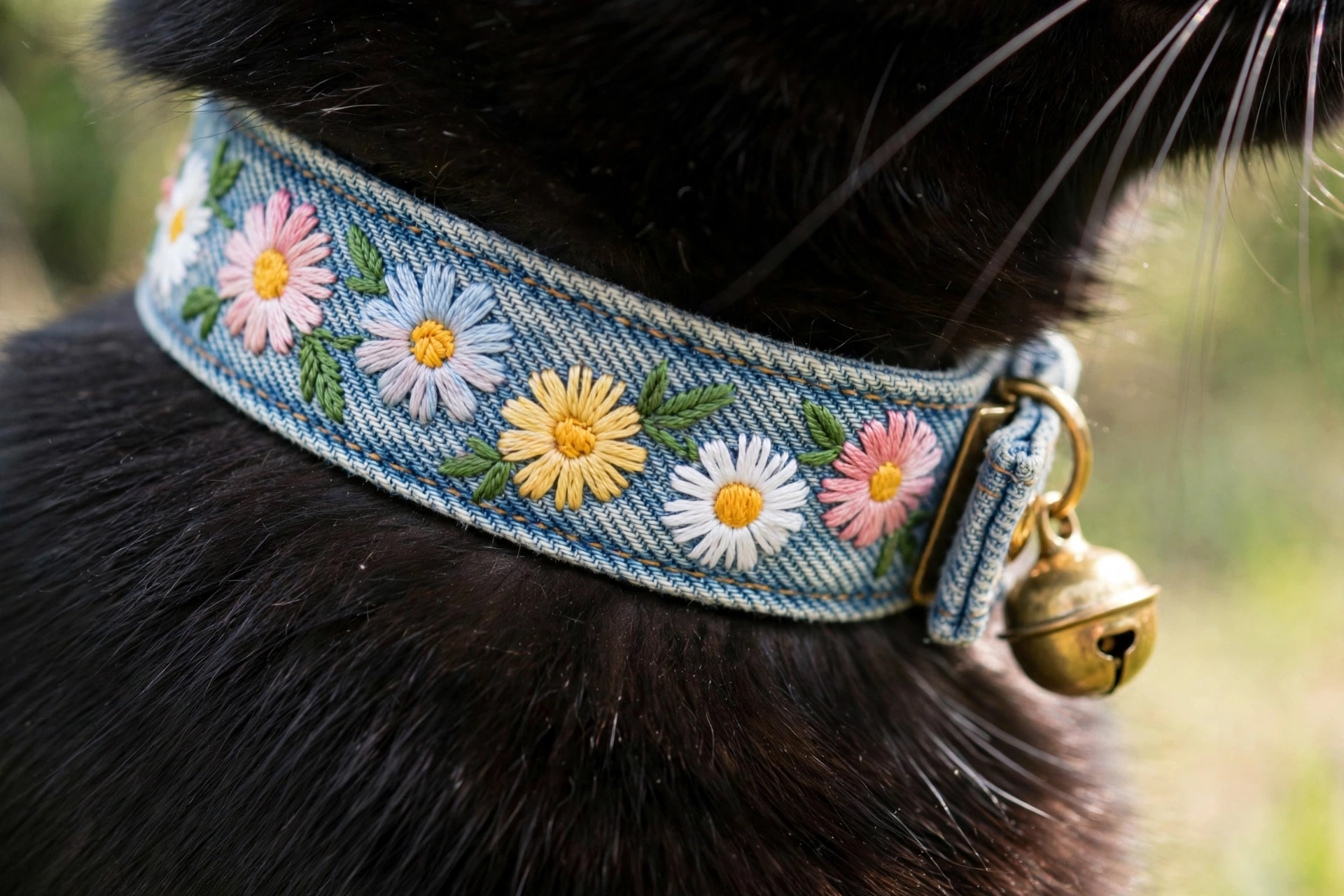 Light wash denim cat collar with embroidered daisy flowers and brass bell on black cat