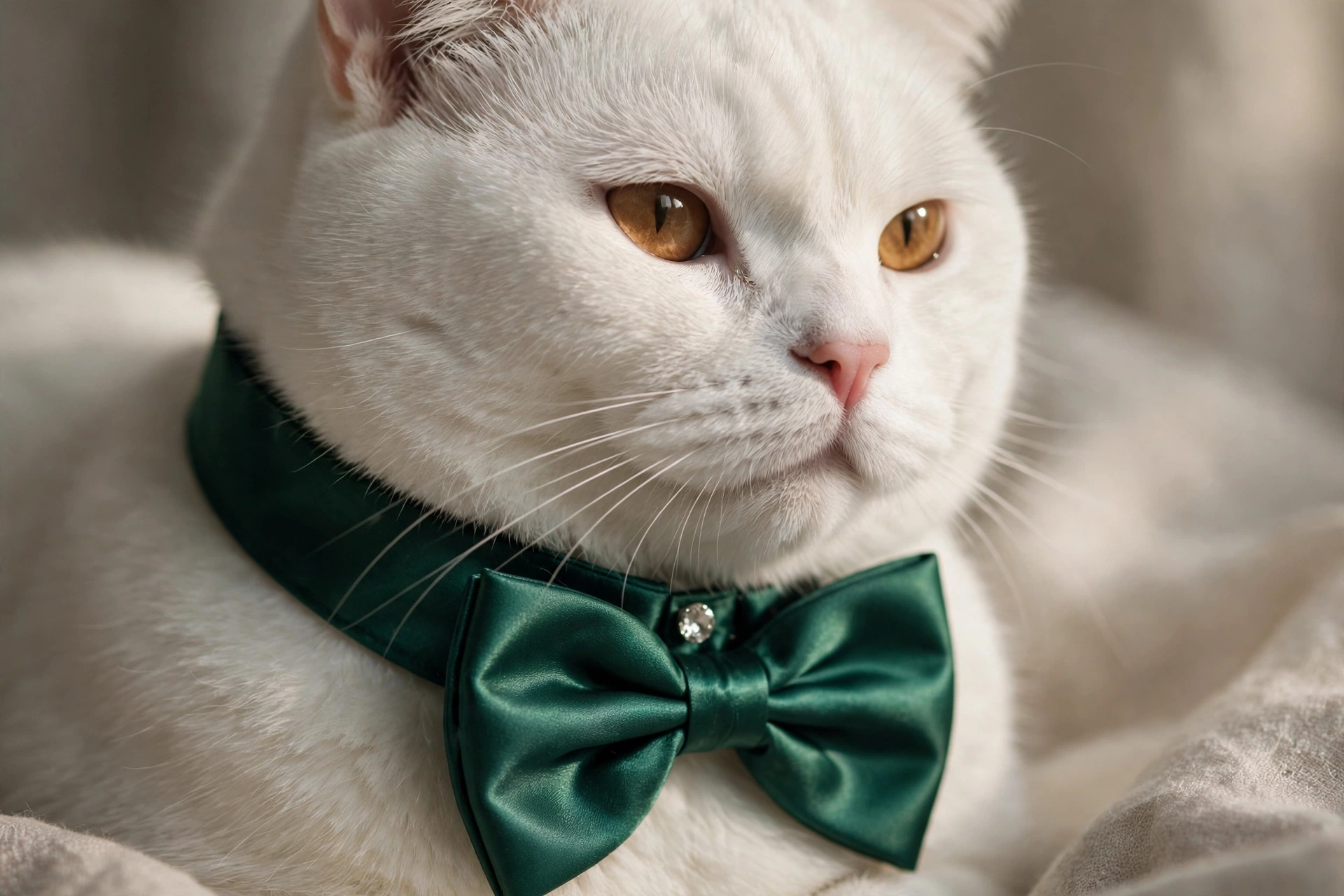 Emerald green satin cat collar with glossy bowtie and crystal stud on white British Shorthair