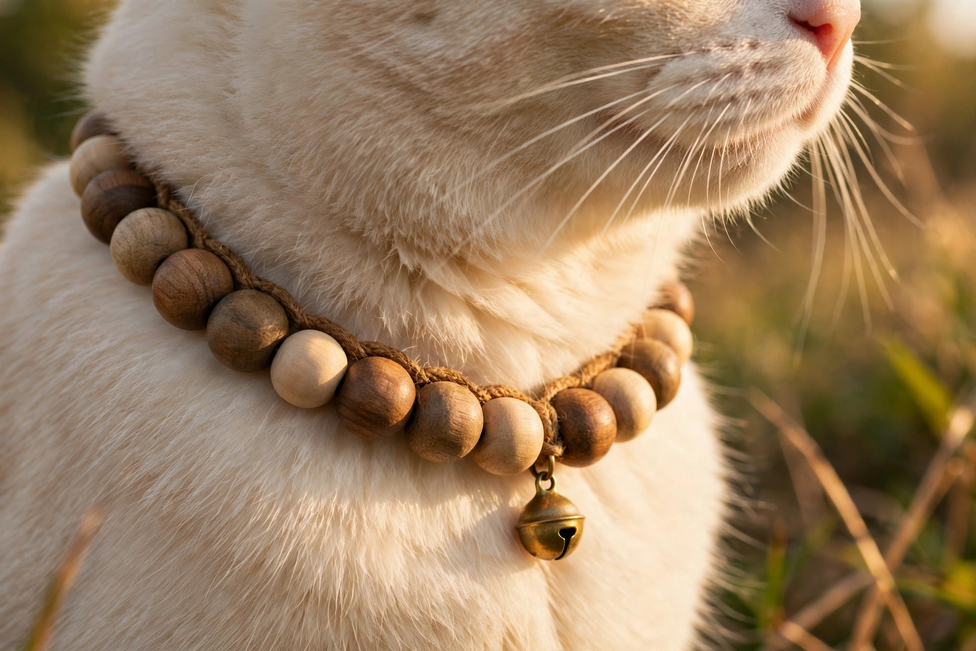 Natural wooden bead cat collar with earthy tones and brass bell on cream cat