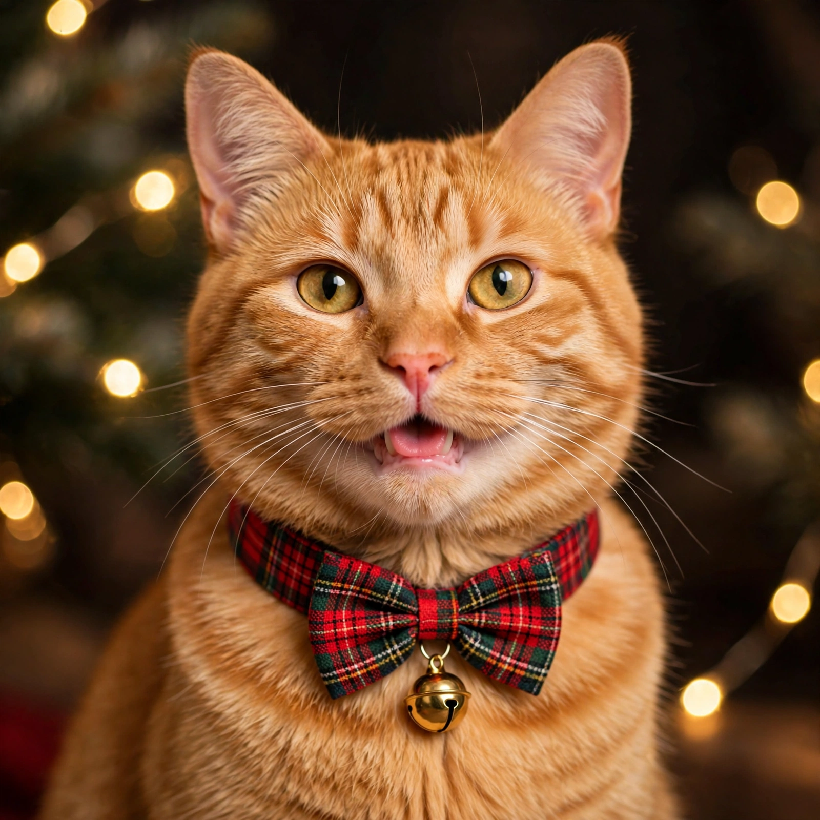 Red and green Christmas plaid cat collar with tartan bow on orange tabby cat
